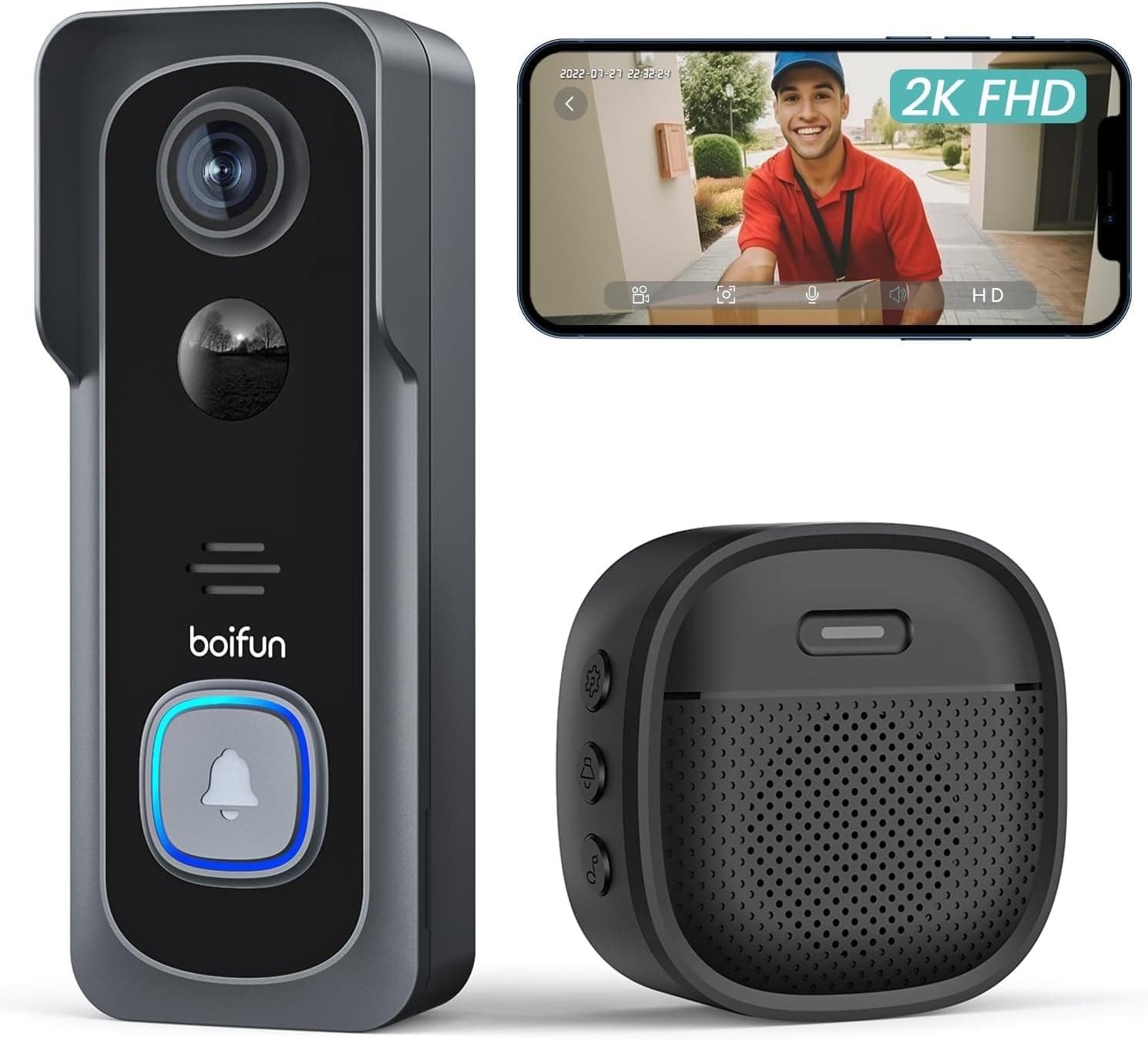BOIFUN Doorbell Camera Wireless – No Subscription Required, 2K HD, 166° Wide View, 2.4 GHz Wi‑Fi Only, HDR Night Vision, Motion Alerts, Two‑Way Audio & Battery Video Doorbell with Chime