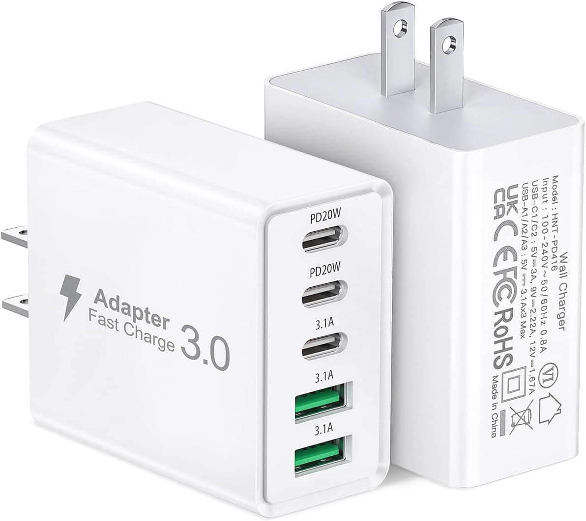 2Pack USB C Fast Charger Block,60W 5-Port USB Wall Charger Brick,2 USB A & 3 USB C PD3.0 Power Adapter Multiport Type C Charging Plug for iPhone 17/16/15/14,Pad Mini/Pro,AirPods 4,GalaxyS25(White)