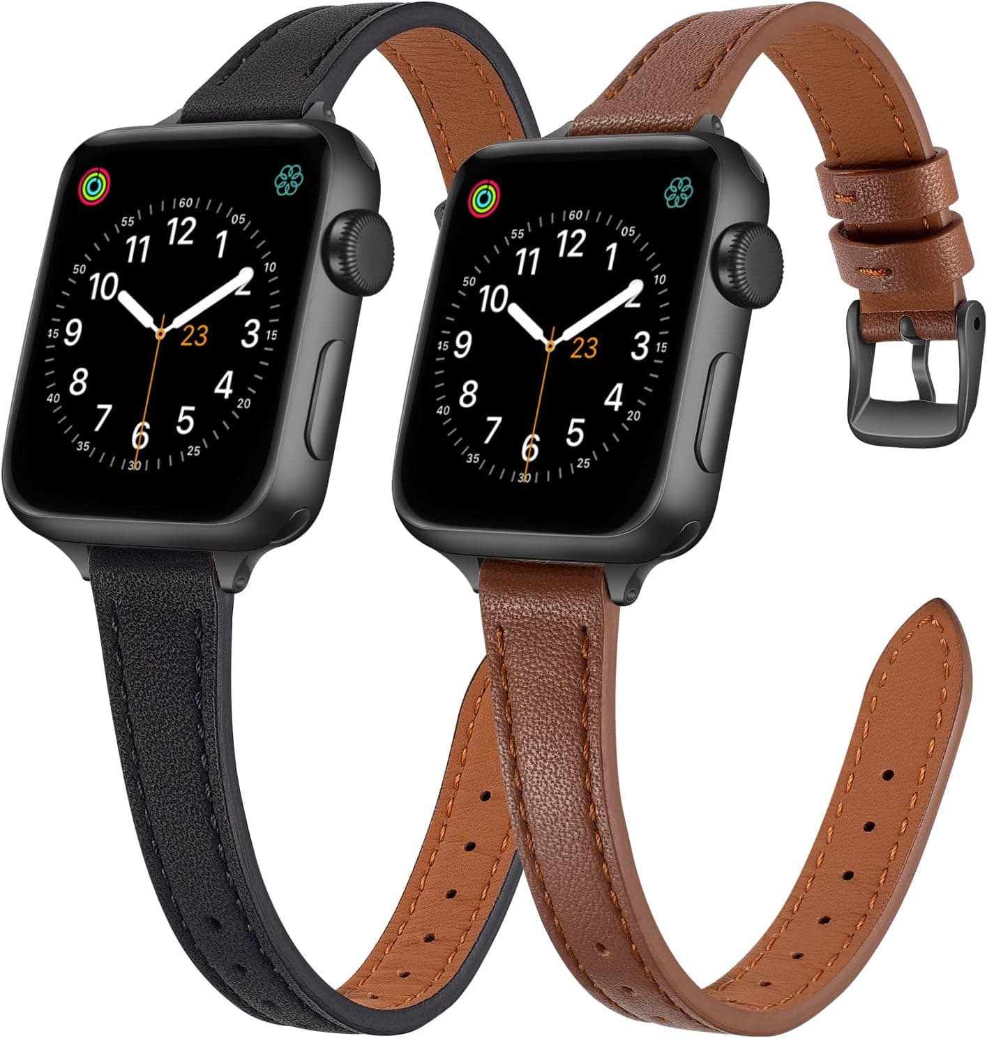 2-pack Leather Bands Compatible with Apple Watch Band for women 38mm 40mm 41mm 42mm 44mm 45mm 46mm 49mm,Genuine Leather Band Slim Thin Strap for iWatch Ultra SE Series 11/10/9/8/7/6/5/4/3/2/1