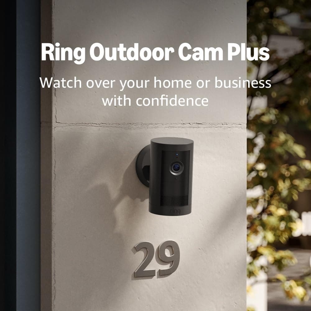 Ring Outdoor Cam Plus, Battery (newest model), Home or business security, Wide-Angle 2K Video with Ring Vision, Low-Light Sight for full-color night vision, Mount-Anywhere Versatility, Black