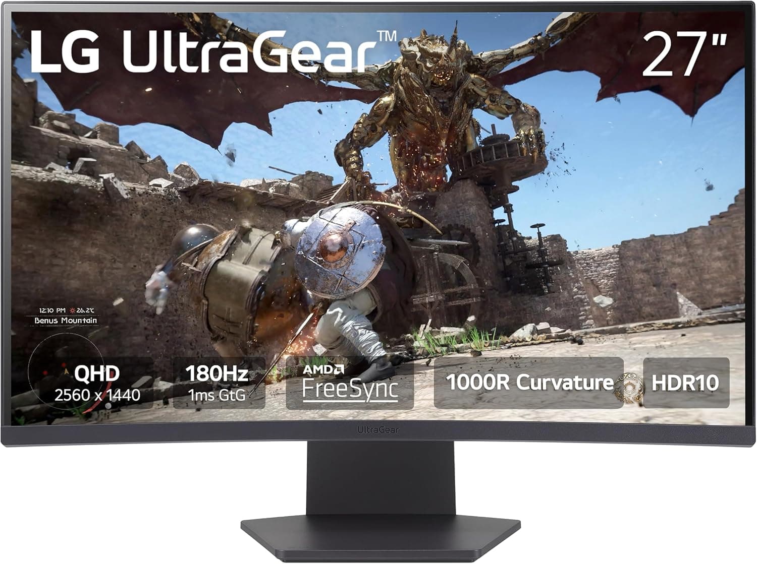 LG 27GS60QC-B Ultragear Curved Gaming Monitor 27-Inch QHD (2560x1440) 180Hz 1ms 1000R AMD FreeSync HDR10 HDMIx2 DisplayPort Borderless Design Black Stabilizer DAS Crosshair FPS Counter - Black