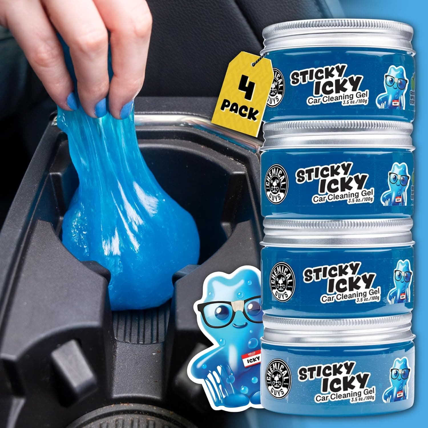 Chemical Guys Sticky Icky Car Cleaning Gel, Green Apple, Interior Car Cleaner, Reusable Automotive Crevice & Interior Dust Cleaner for Air Vents, Consoles, Cup Holders & Keyboards, 4 Pack (100g Each)