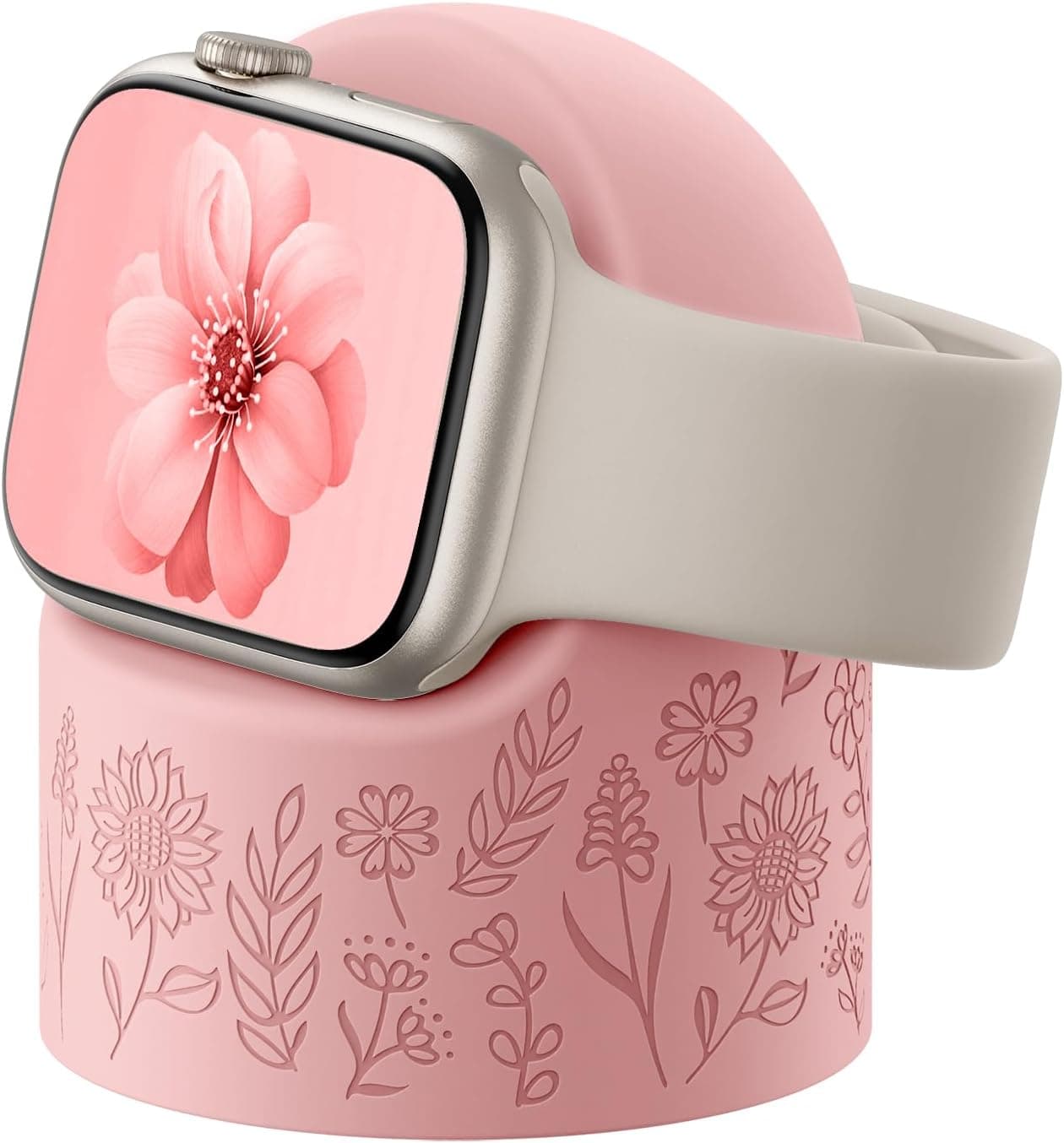 Floral Charger Stand Compatible with Apple Watch Series 11 10 9 8 7 6 5 4 3 2 1 SE Ultra (49mm 46mm 45mm 44mm 42mm 41mm 40mm 38mm), Silicone iWatch Charging Dock Supports Nightstand Mode, Pink