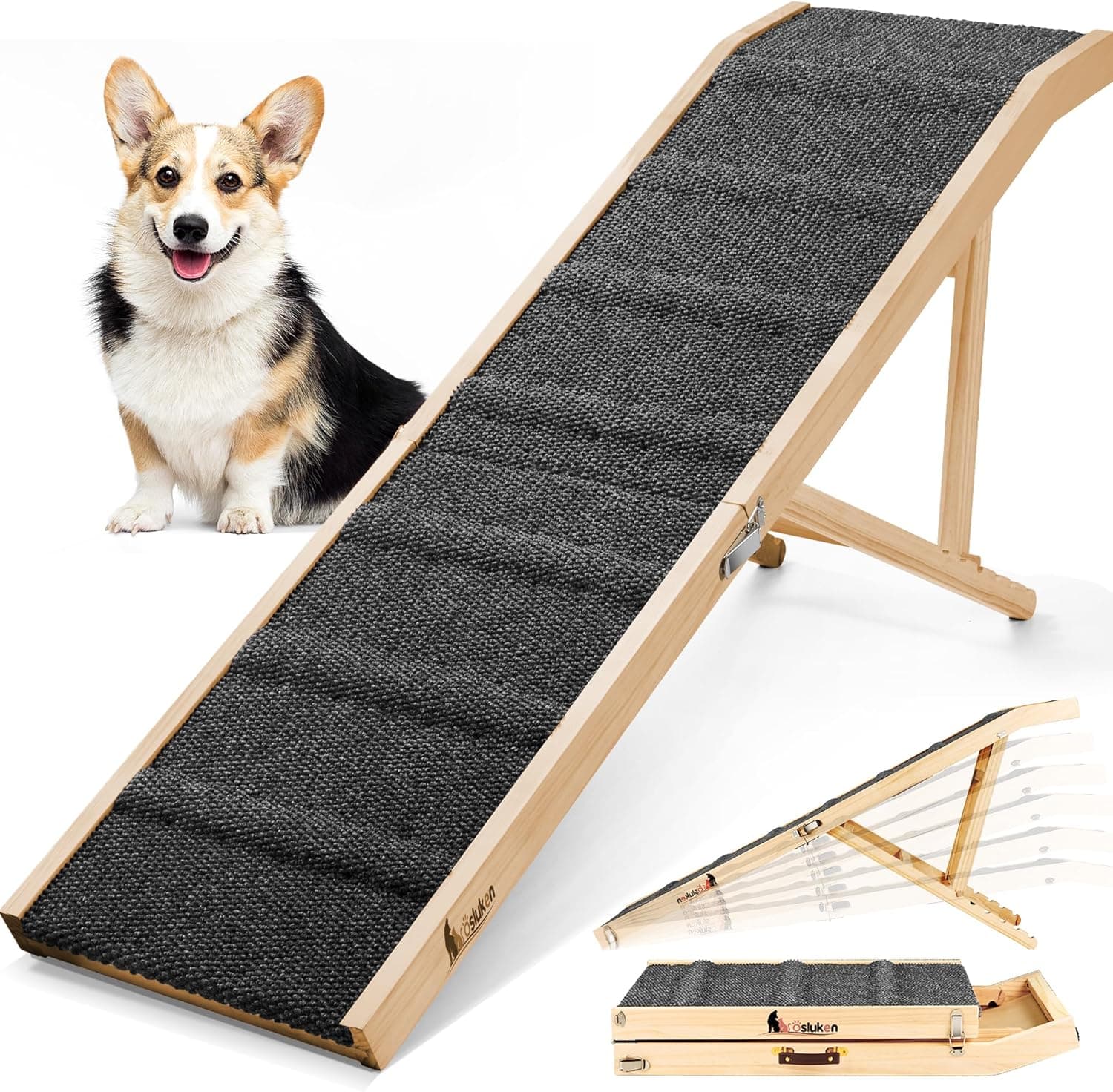 𝟐𝟎𝟐𝟓 𝐔𝐩𝐠𝐫𝐚𝐝𝐞𝐝 Dog Ramp for Bed, 64" Long Foldable Pet Ramp for Small Large Dogs, Dog Ramps for High Beds Car, High Traction with Platform 6 Adjustable Heights 24" to 30" Up to 220LBS Black