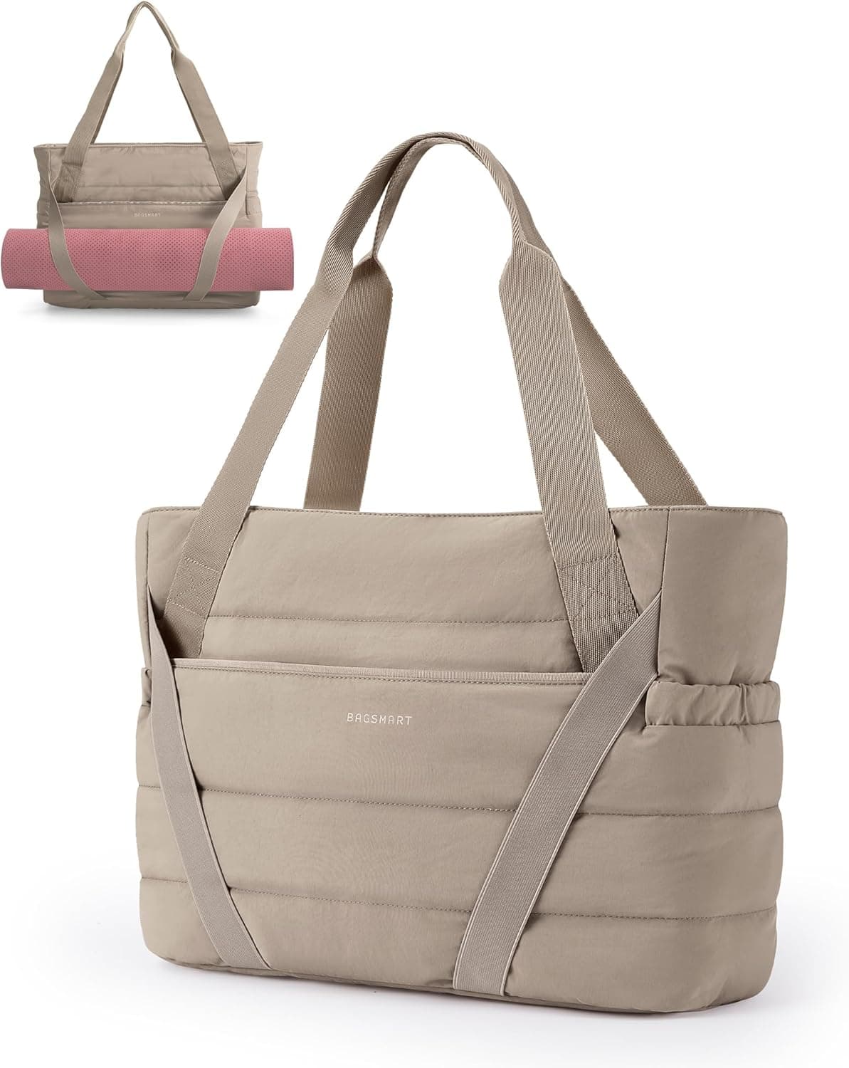 BAGSMART Tote Bag for Women with Zipper and Yoga Mat Straps Quilted Gym Tote for Travel, Work, Sport