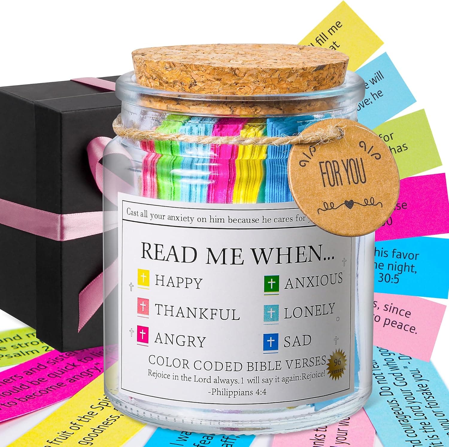 Bible Verse Jar,Read Me When Bible Verses Jar for Daily Encouragement,Christian Gifts for Women,Christmas Gifts for Women,Stocking Stuffers,Birthday Gift for Mom,Prayer Cards With A 48-inch Ribbon Bow