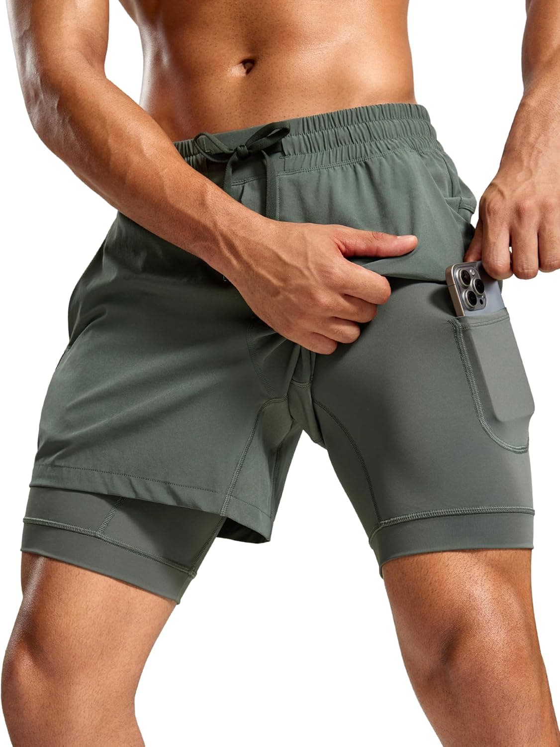CRZ YOGA Mens 2 in 1 Long Liner Shorts 5" - Lined Running Quick Dry for Workout Gym Basketball Athletic with Pockets