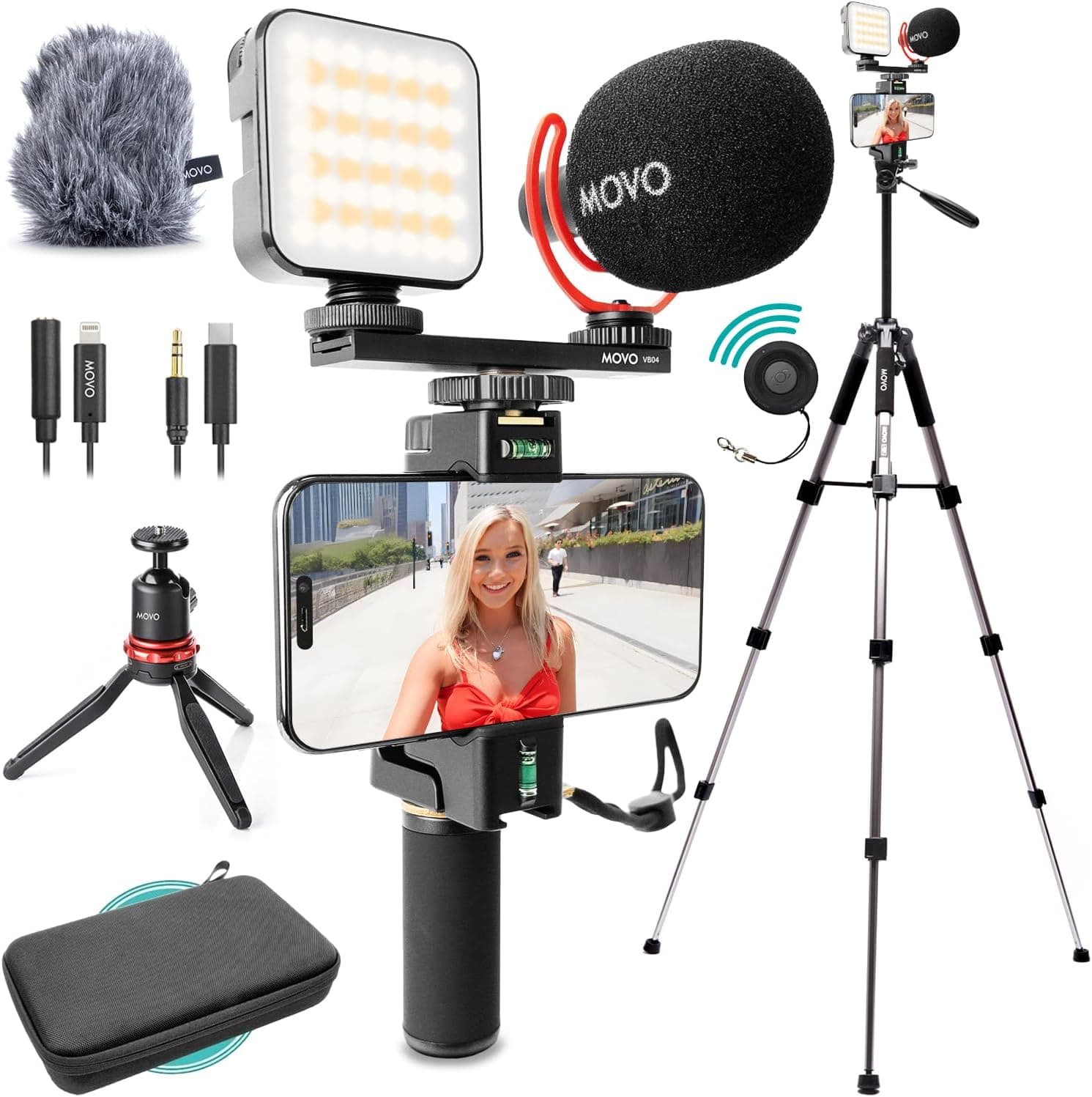 Movo iVlogger-PRO Vlogging Kit with Full Tripod for iPhone/Android - USB-C/Lightning YouTube Starter Kit for Content Creators - Accessories: Phone Tripod, Phone Mount, RGB Light and VXR10 Shotgun Mic