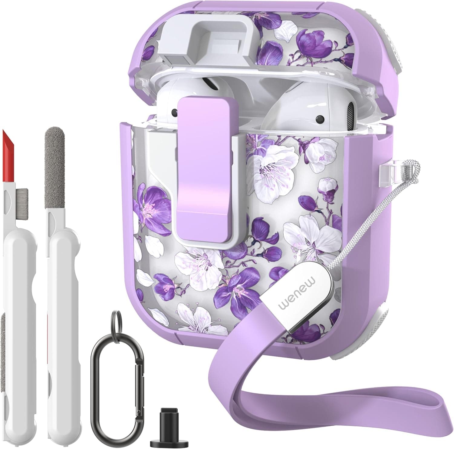 WENEW Case for AirPods 1 & 2 Case Cover Secure Lock Automatic Snap Switch Clip Cleaner Kit Lanyard Women Stylish Flower Hard Shell Full Body (Purple, AirPods 1st & 2nd)