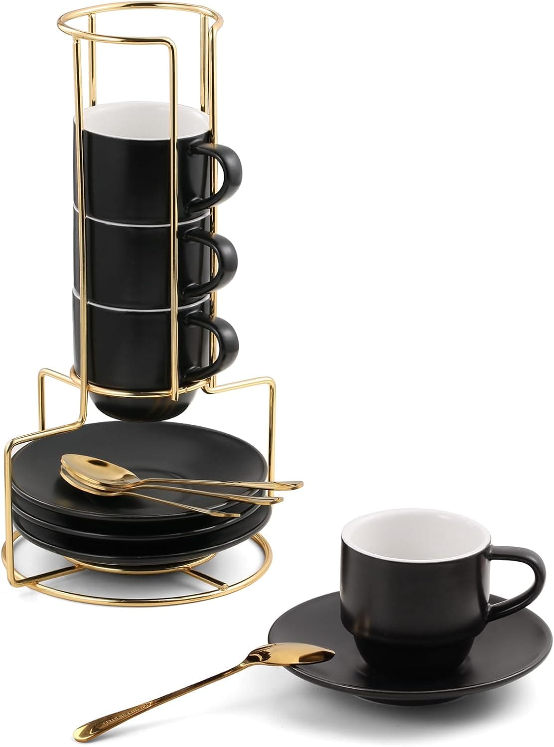 Lareina 3-Ounce Espresso Cups Set of 4, Small Stackable Coffee Cups with Saucers, Spoons and Metal Stand, Ceramic Demitasse Mugs, Espresso Accessories for Machine, Black