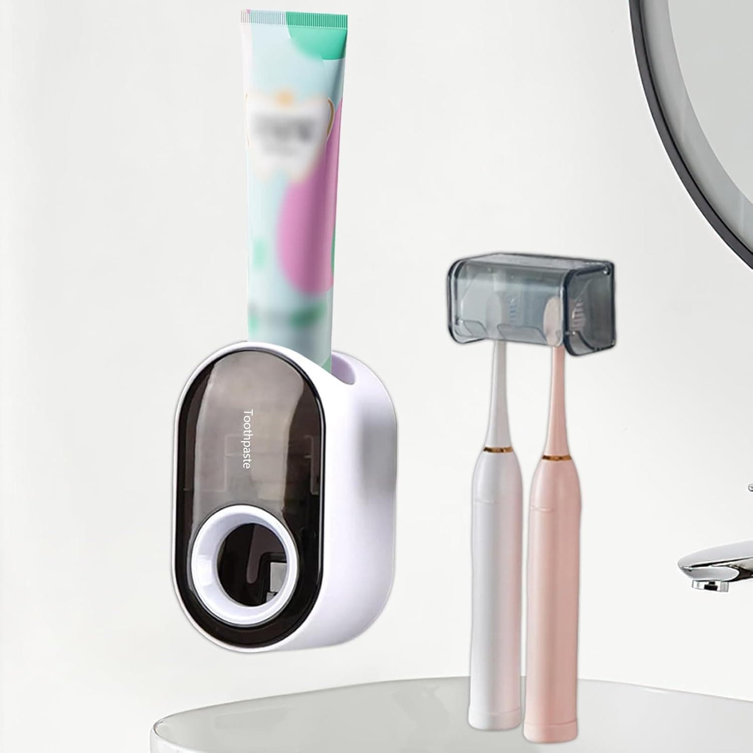 Wall-Mounted Toothbrush Holder with Cover, 2-Slot Organizer, Self-Adhesive Hanger, Automatic Toothpaste Dispenser for Bathroom/Shower