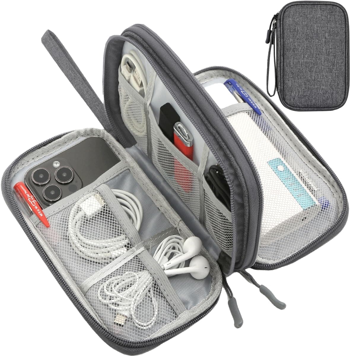 Electronics Organizer Case, Cable Organizer Bag Waterproof Electronic Accessories Carry Case with Handle for Cable, Cord, USB, Charger, Phone, Power Bank, Earphone (Dark Gray, Medium)