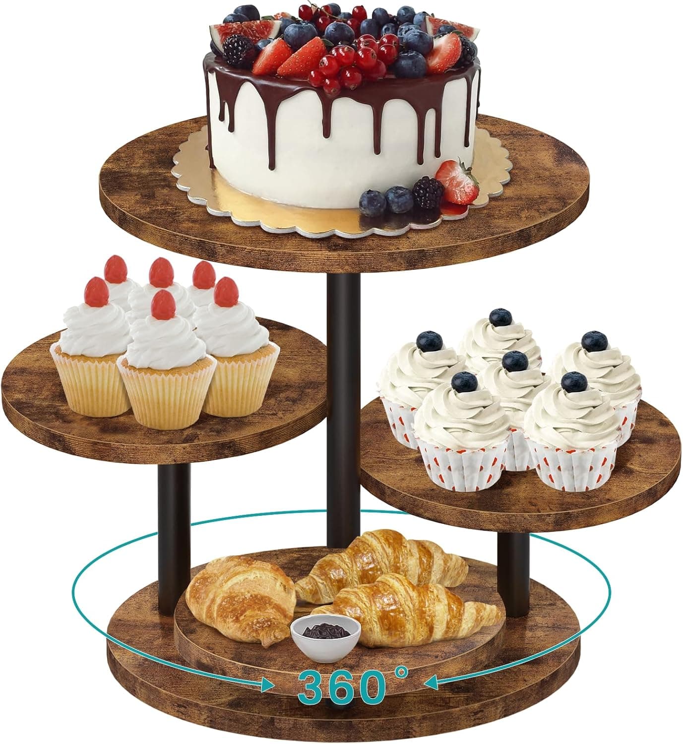 ELITEROO 4 Tier Round Cupcake Tower Stand for 50 Cupcakes, 360° Rotating Wood Cake Stand with Tiered Trays, Farmhouse Cookie Stand for Dessert Table Display for Wedding Birthday Baby Shower Tea Party