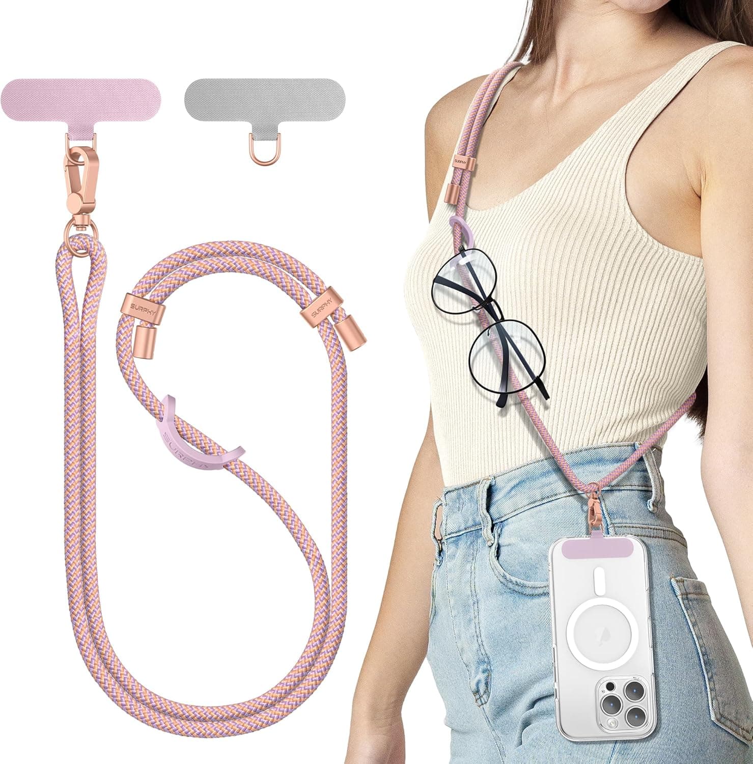 SURPHY Phone Lanyard for Cellphone Case, Phone Strap Crossbody with 2 Pack Tether Tab, Premium Metal Buckles, Cellphone Lanyard Crossbody for Women and Men, Pink & Purple