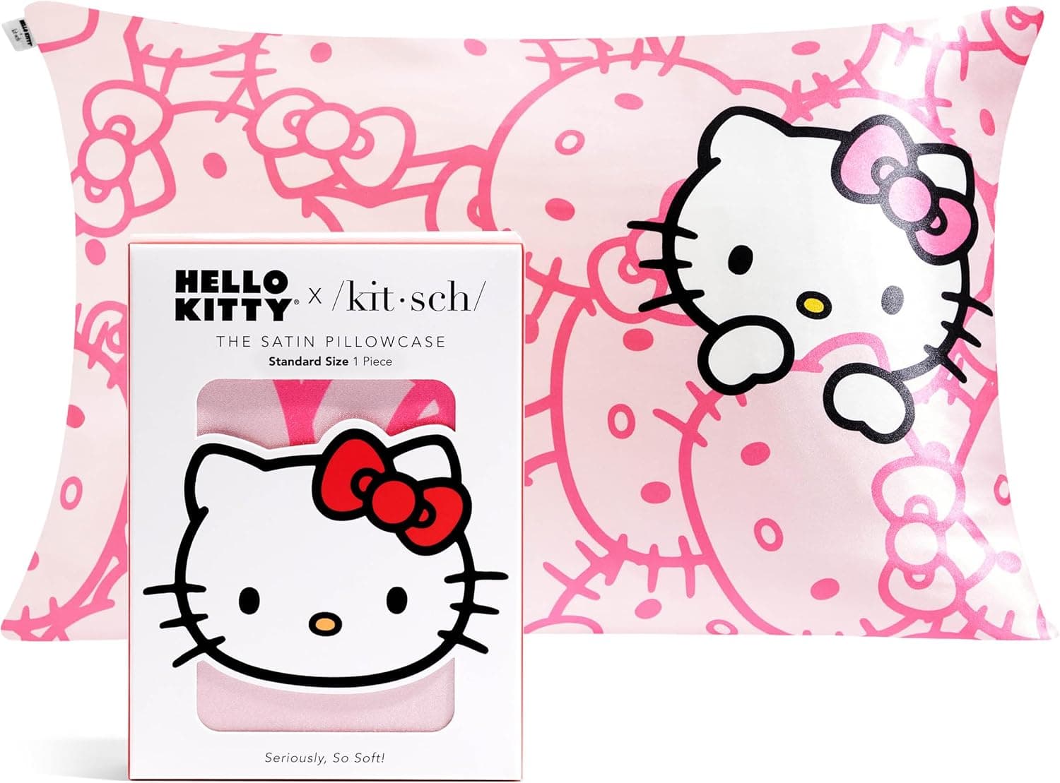 Kitsch x Hello Kitty Pillow Case – Pink Kitty Faces Toddler Bed Time Satin Pillowcase with Zipper – Soft Cooling Pillow Cover for Hair & Skin – Better Than Silk Pillowcase – Queen/Standard 19x26