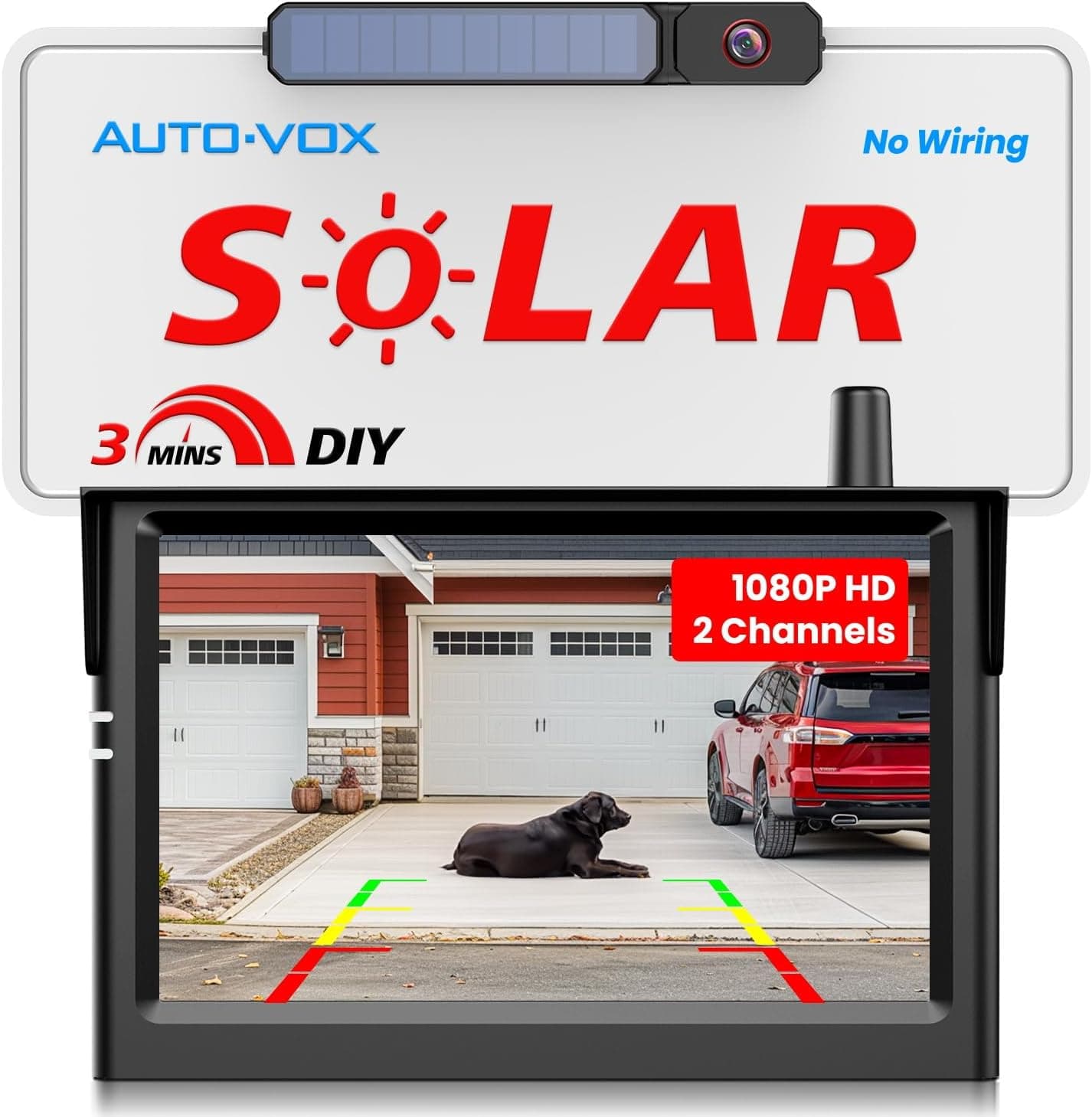 AUTO-VOX Solar Wireless Backup Camera:5" HD 1080P Monitor,3 Mins DIY Installation & 5000 mAh Battery Powered Solar Back Up Camera Systems, IP69K Waterproof Reverse Camera for Car, Van, Truck, Trailer