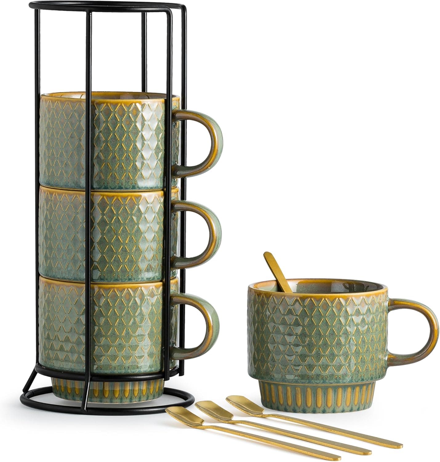 LYEOBOH Coffee Mug, Coffee Mugs Set of 4, Stackable Coffee Mugs with Rack and Spoons - 13 Oz Cup Set with Stand, Ceramic Mugs for Home & Kitchen, Blue and Green