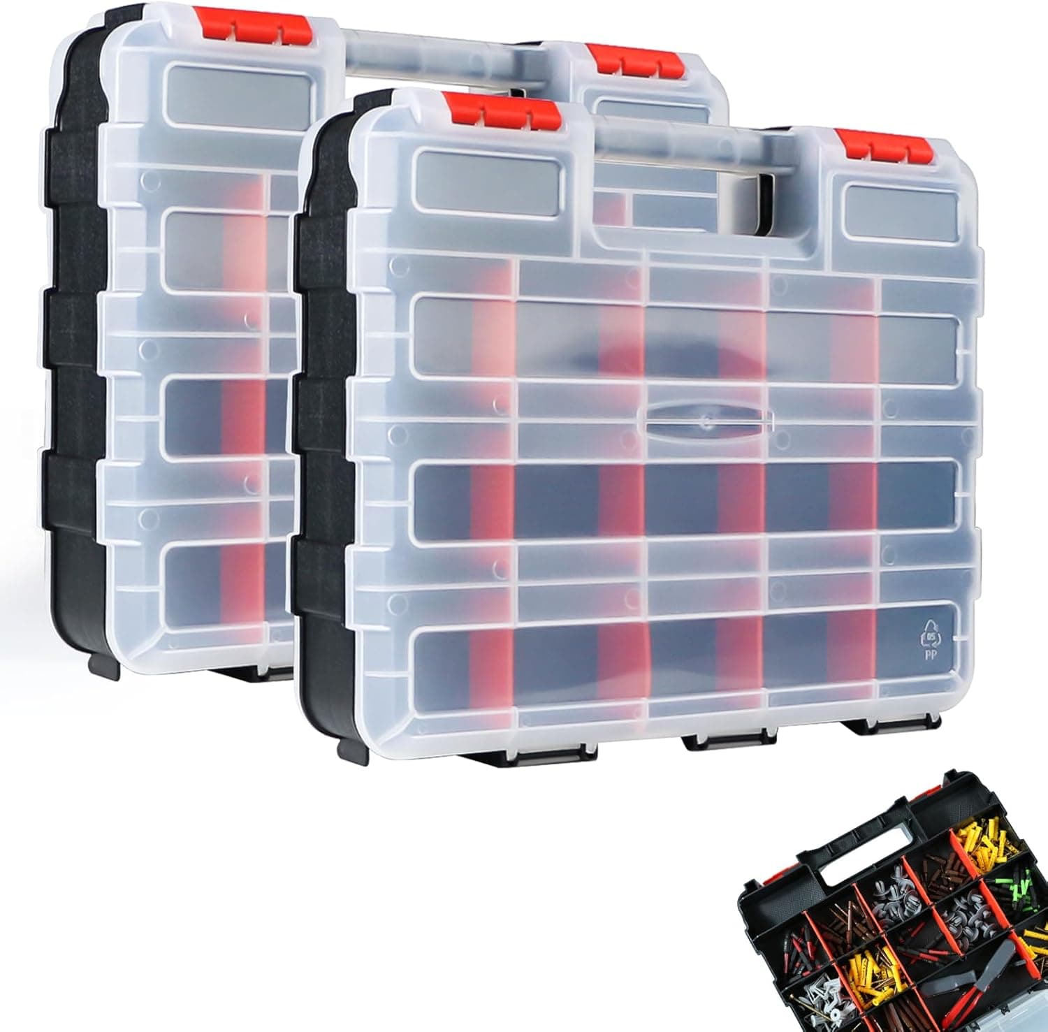 AMM Tool Box, Double Side Tool Box Organizer with 34 Compartments, Removable Dividers, Tackle Box Small Parts Screw Hardware Organizer for Screws, Nuts, Nails and Bolts (2 Piece, Red)