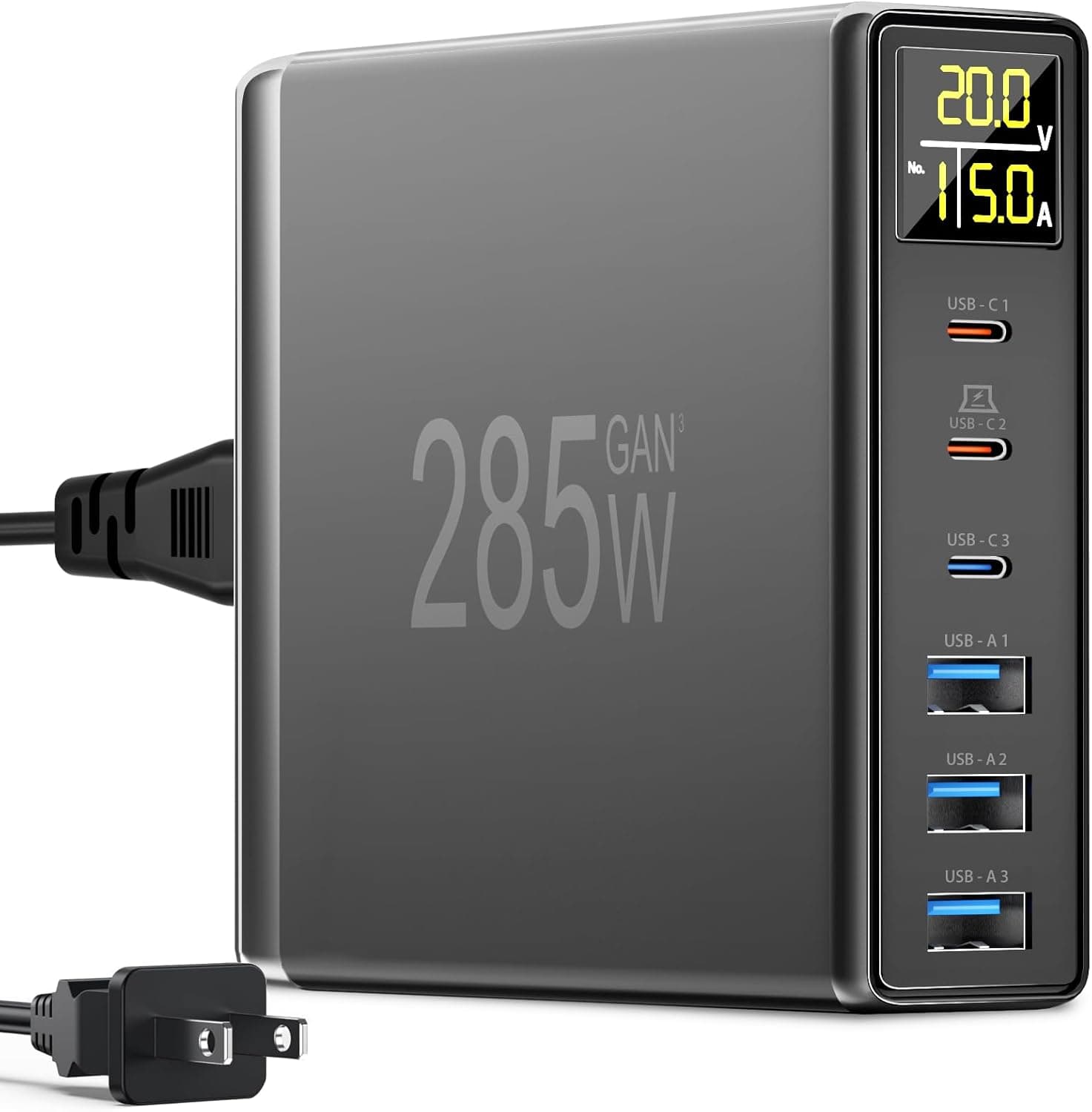 6 Port USB C Charging Station with Digital LCD Display - GaN Fast 100W USB C Charger for MacBook Laptops, iPad, iPhone, Samsung - Black