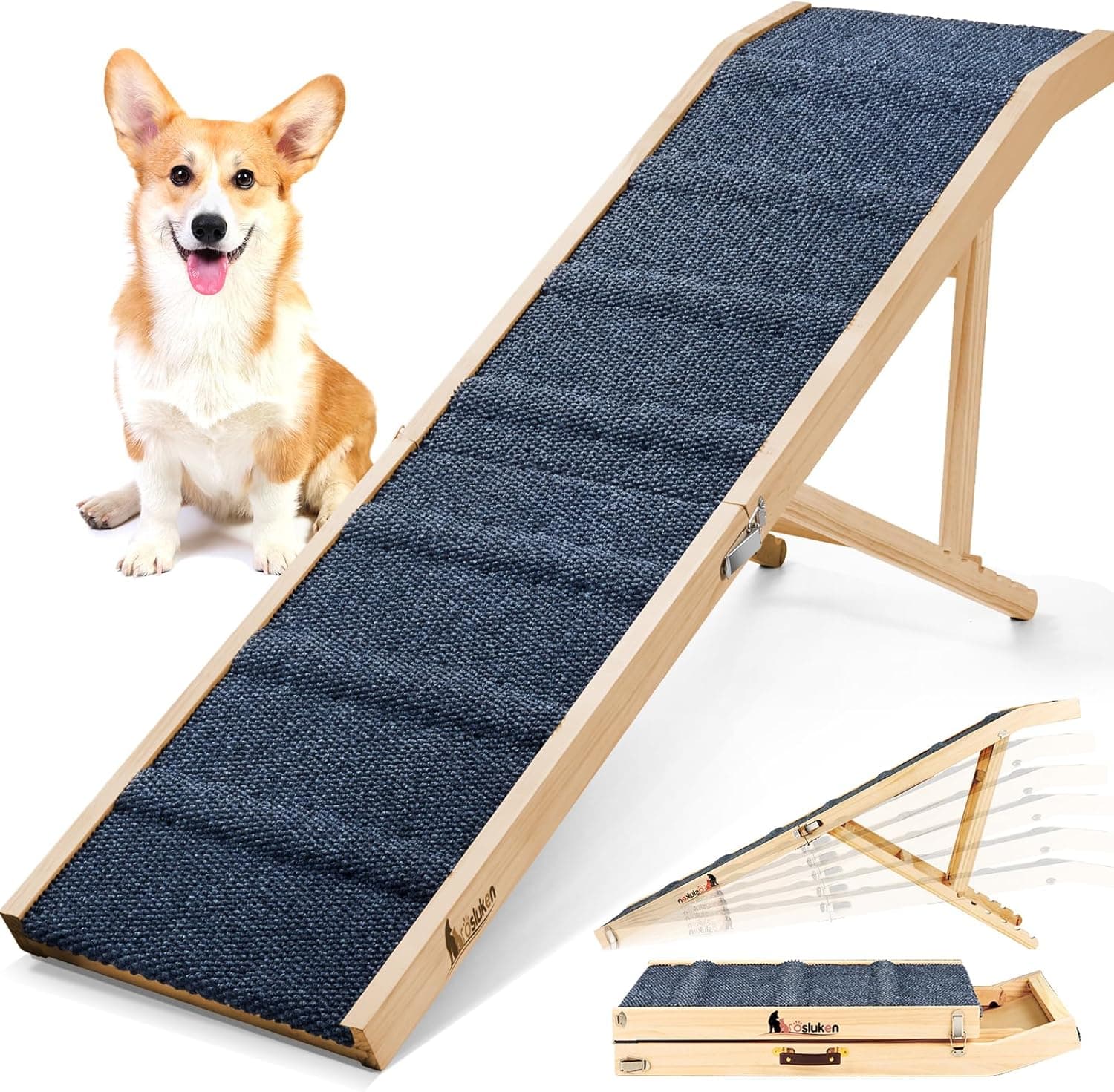 𝟐𝟎𝟐𝟓 𝐔𝐩𝐠𝐫𝐚𝐝𝐞𝐝 Dog Ramp for Bed, 64" Long Foldable Pet Ramp for Small Large Dogs, Dog Ramps for High Beds Car, High Traction with Platform 6 Adjustable Heights 24" to 30" Up to 220LBS, Wood