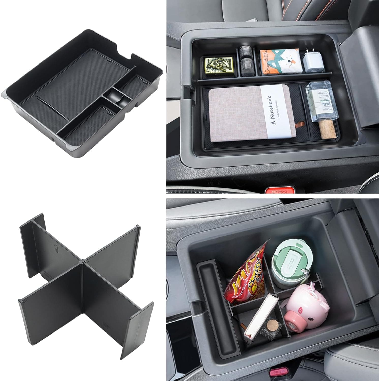 PIMCAR 2-Piece Center Console Organizer & Armrest Divider Set for 2023-2026 Honda Pilot, 2024-2026 Honda Passport/Ridgeline, Custom Fit Durable ABS Plastic Storage Tray