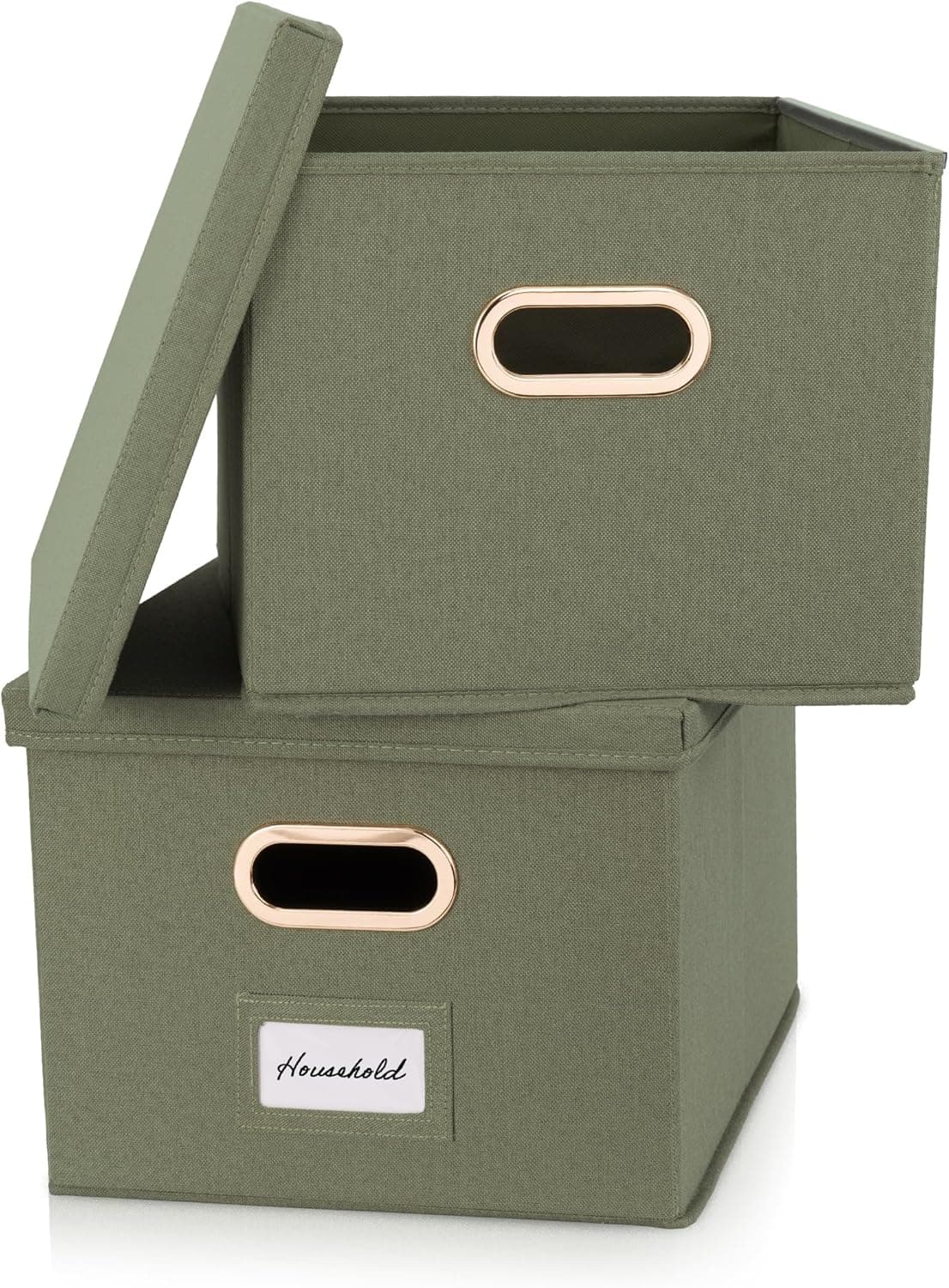 ZICOTO Decorative File Organizer Box Set of 2 - Collapsible Linen Filing Cabinets w/Handles Are Perfect to Store all Your Documents & Hanging File Folders - Portable Easy Slide Crates with Lid