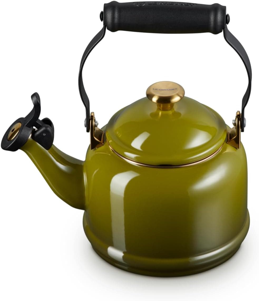 Le Creuset Enamel on Steel Demi Tea Kettle with Gold Finishes, 1.25 qt., Olive