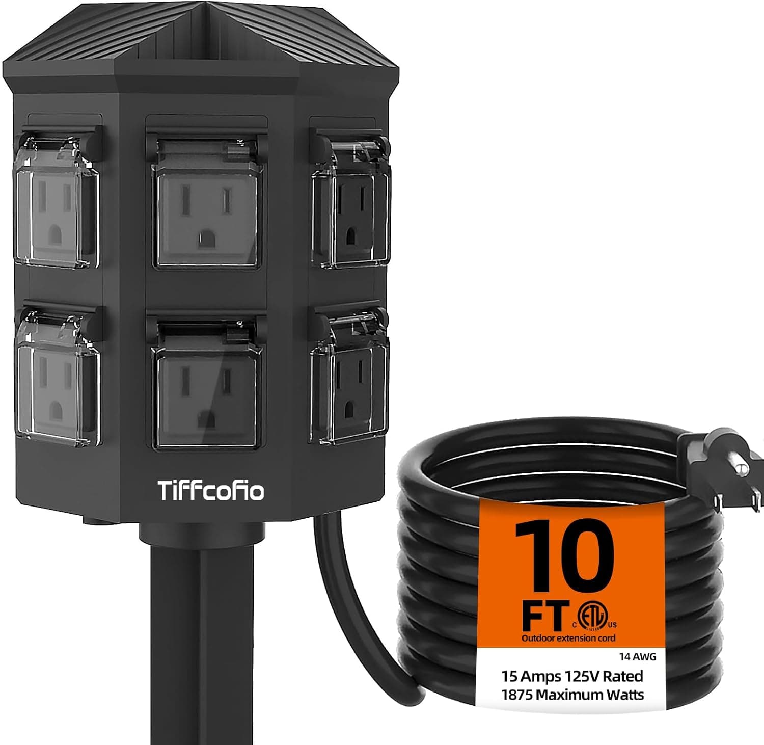 TiFFCOFiO Outdoor Power Strip with Stake Waterproof, 10 FT Extension Cord, 6 Grounded Outlets for Outdoor Lights, 14 AWG, 15A/1875W, ETL Listed (10 FT)