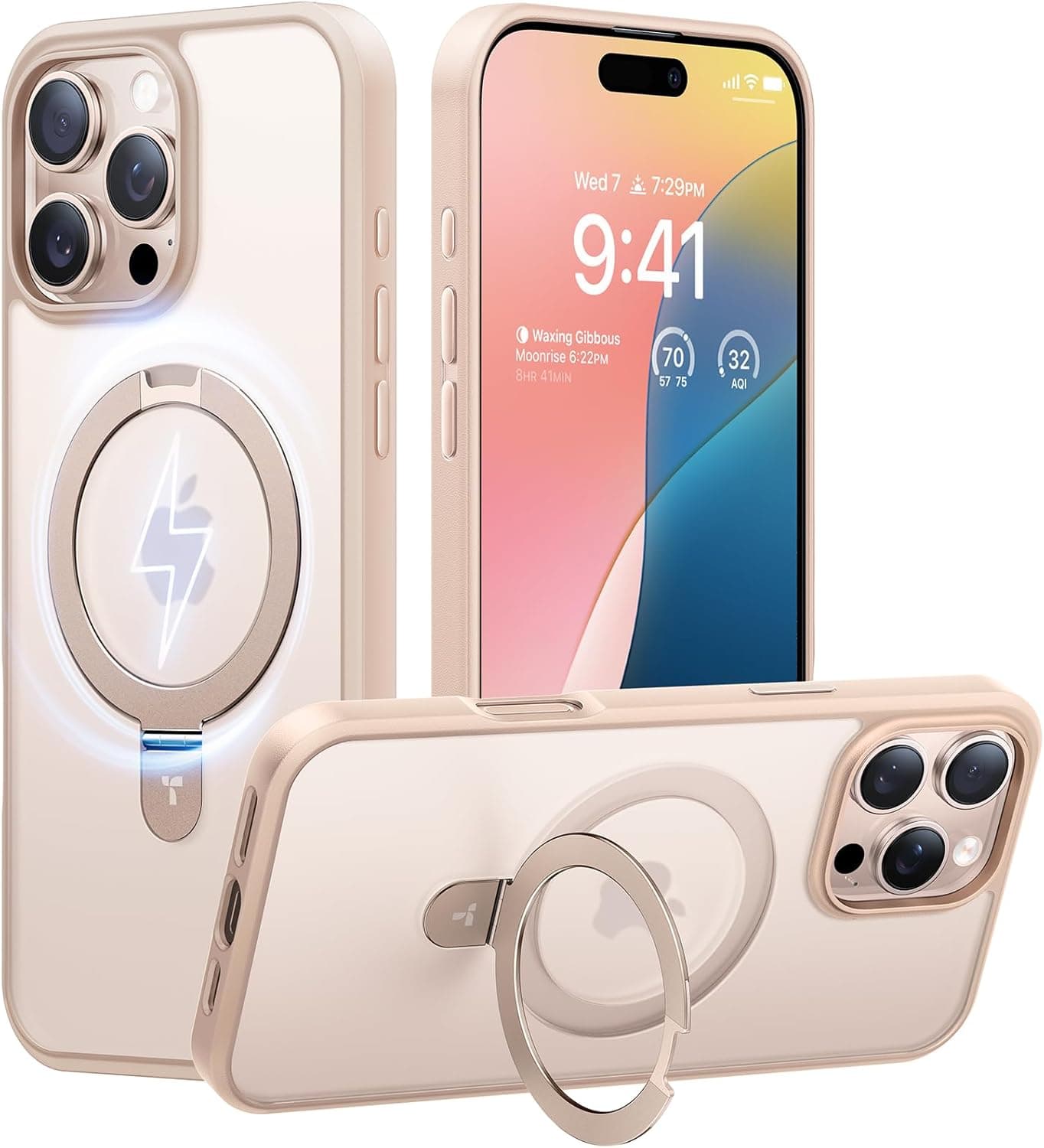 TORRAS Desert Titanium for iPhone 16 Pro Case Magnetic Stand, [Compatible with MagSafe][Flexible Stable Stand] Mil-Grade Protection Translucent Slim Anti-Scratch Ring Kickstand, Rose Gold 6.3", Ostand