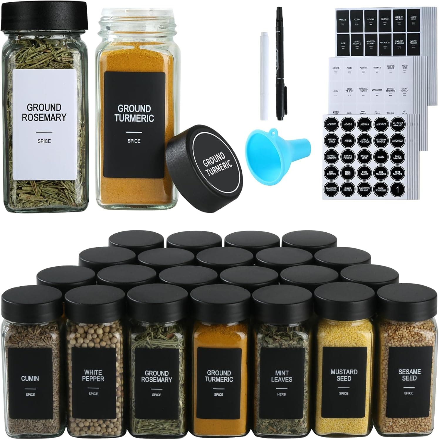 24 Glass Spice Jars with Labels,Spice Jar Set,4oz Seasoning Containers,Spice Containers with Black Airtight Lids and Shaker Lids,Square Empty Spice Bottles, 492 Labels,1 Funnel