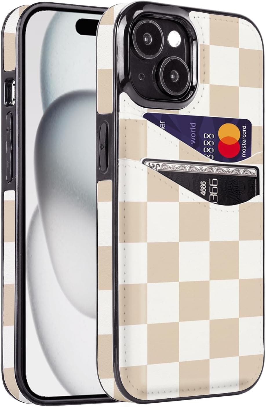 for iPhone 13/14/15 Case with Card Holder Soft Leather Wallet Case Protective Shockproof Hard Cover for Women Man (Checkerboard)