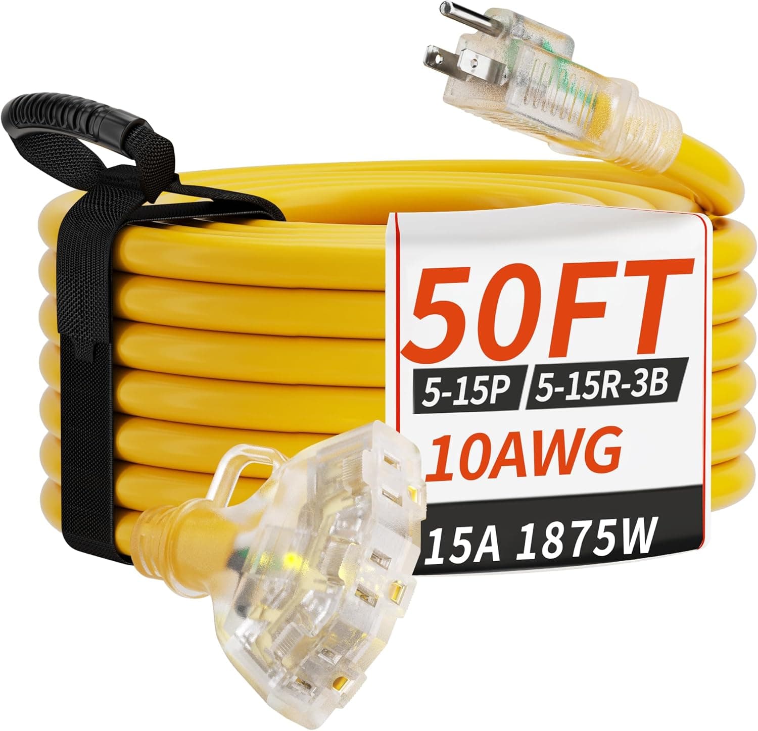 50 FT 10 Gauge Outdoor Extension Cord with Multiple Outlets Light Indicator, Flexible 3 Outlet Weatherproof Heavy Duty Extension Cord Waterproof Yellow, 15A 1875W 10AWG SJTW, ETL Listed