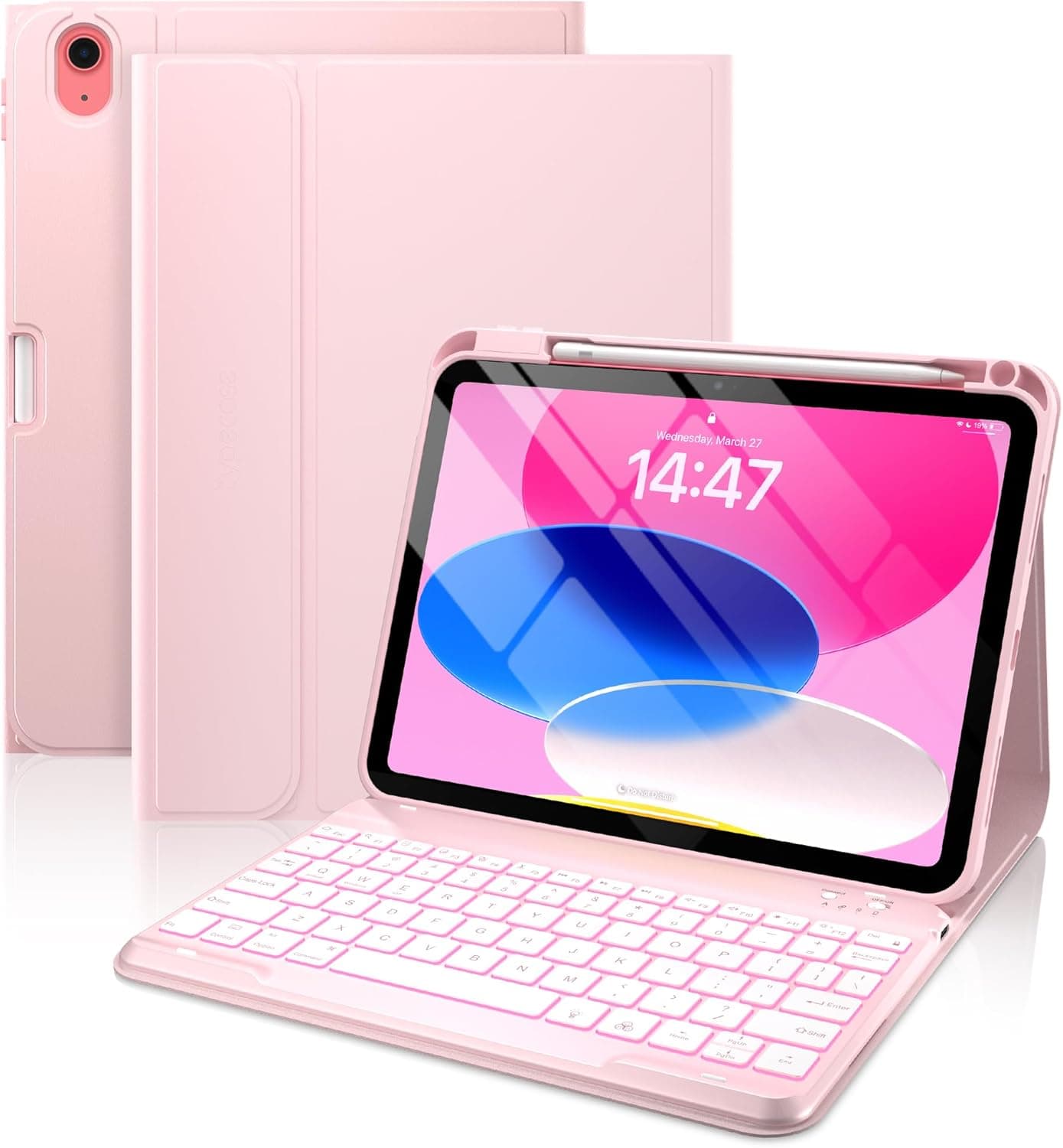 typecase Folio iPad 11th/10th Gen Keyboard Case (11" A16 2025 & 10.9" 2022) – Magnetic Wireless Detachable Keyboard, 7-Color Backlight, Thin & Light, Pencil Holder – Light Pink