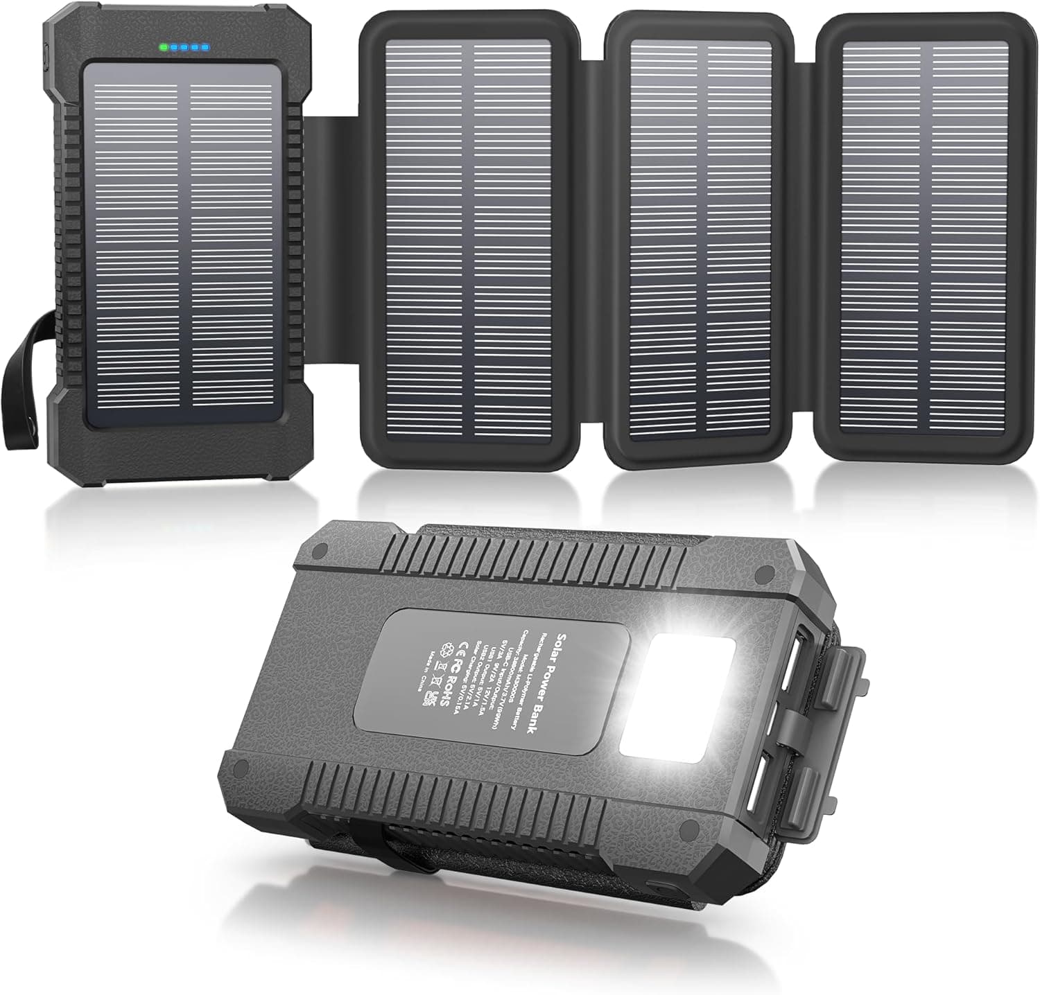 Solar Power Bank 38800mAh with 4 Solar Panels, Portable Charger USB C 18W Fast Charging for iPhone Samsung, IP67 Waterproof Outdoor External Battery Pack with Flashlight/SOS/Strobe (Black, 38800mAh)