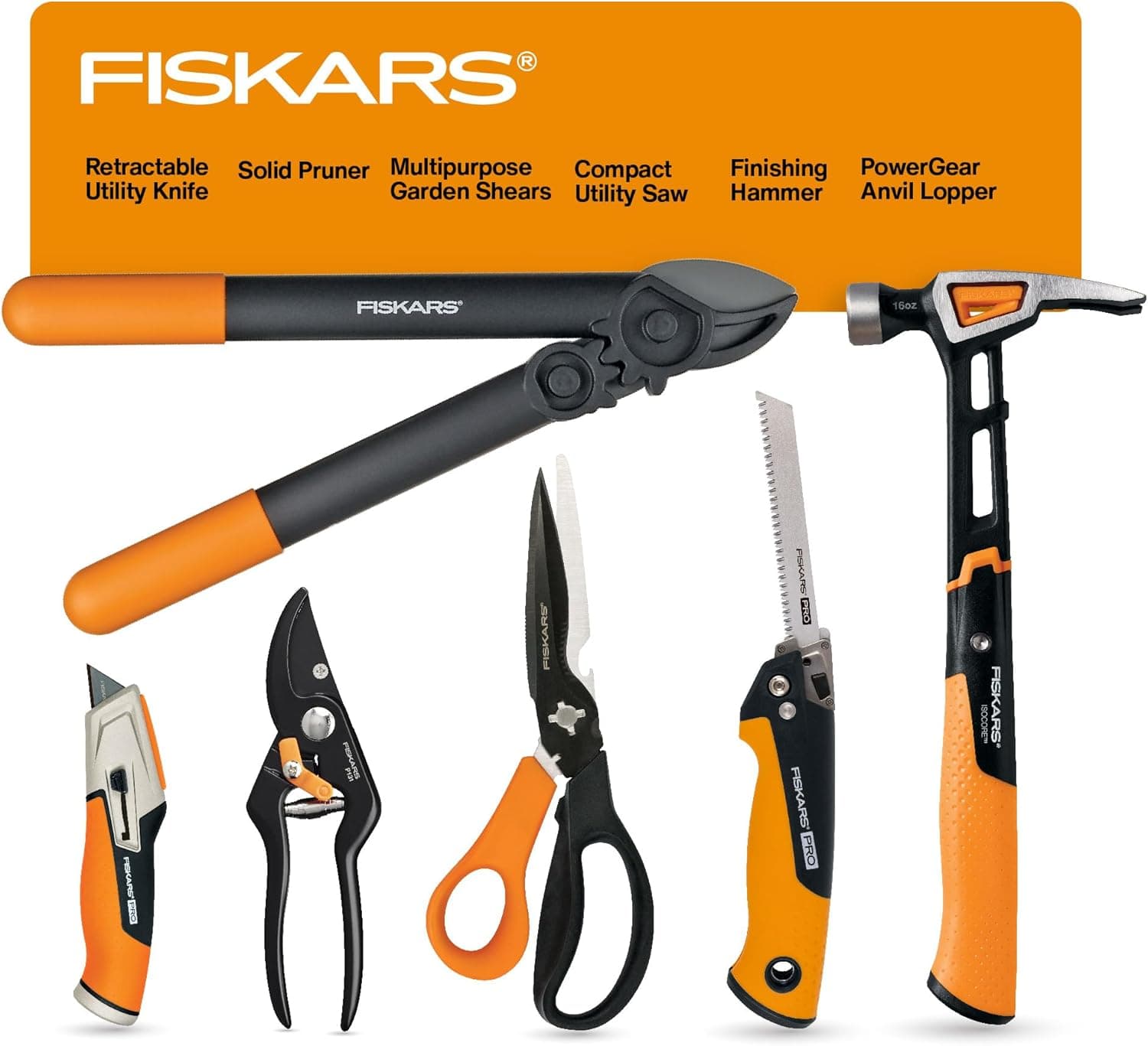 Fiskars House Essentials for New Home Tool Set, 6 Piece Kit w/Loppers, Garden Scissors, Pruners, Folding Saw, IsoCore Hammer, & Utility Knife, Indoor DIY & Outdoor Gardening, Great Housewarming Gifts