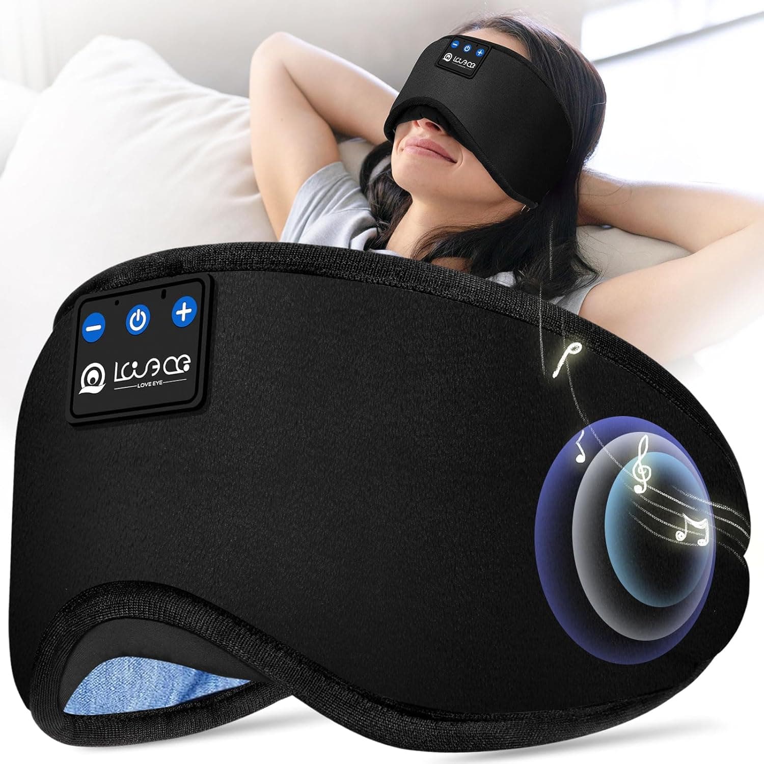 LOVE EYE Sleep Headphones Bluetooth 5.4 Sleeping Eye Mask Wireless Music Earphones with HD Speakers for Side Sleepers Total Blackout Cotton Mask for Travel, Home, Office, Unique Gifts