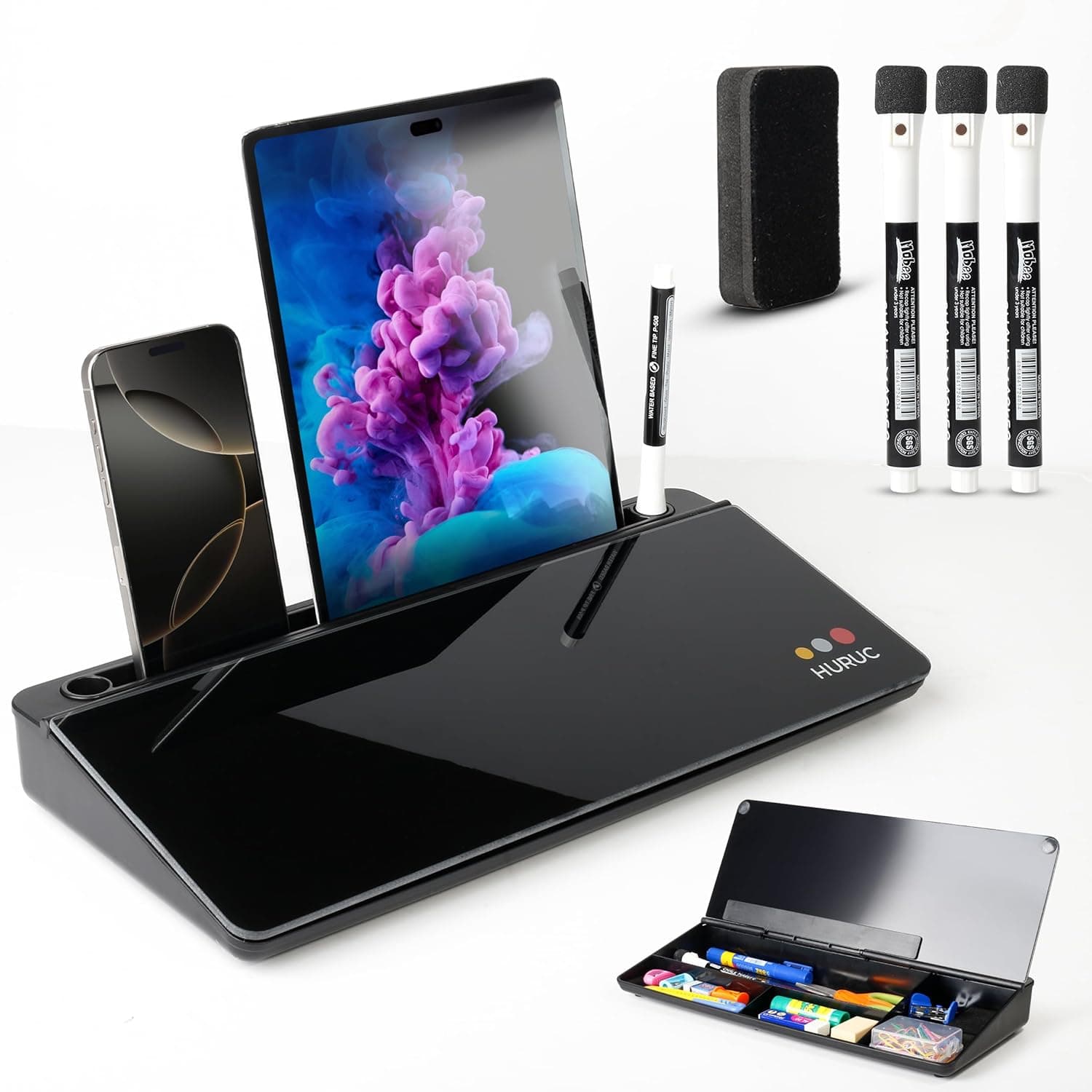 Small Glass Desktop Whiteboard with Storage,15.3"x7.08"x2.16" inch Desktop Dry Erase Board with Markers & Duster, Desk White Board Buddy Organizer for Home, Office, School (Black)