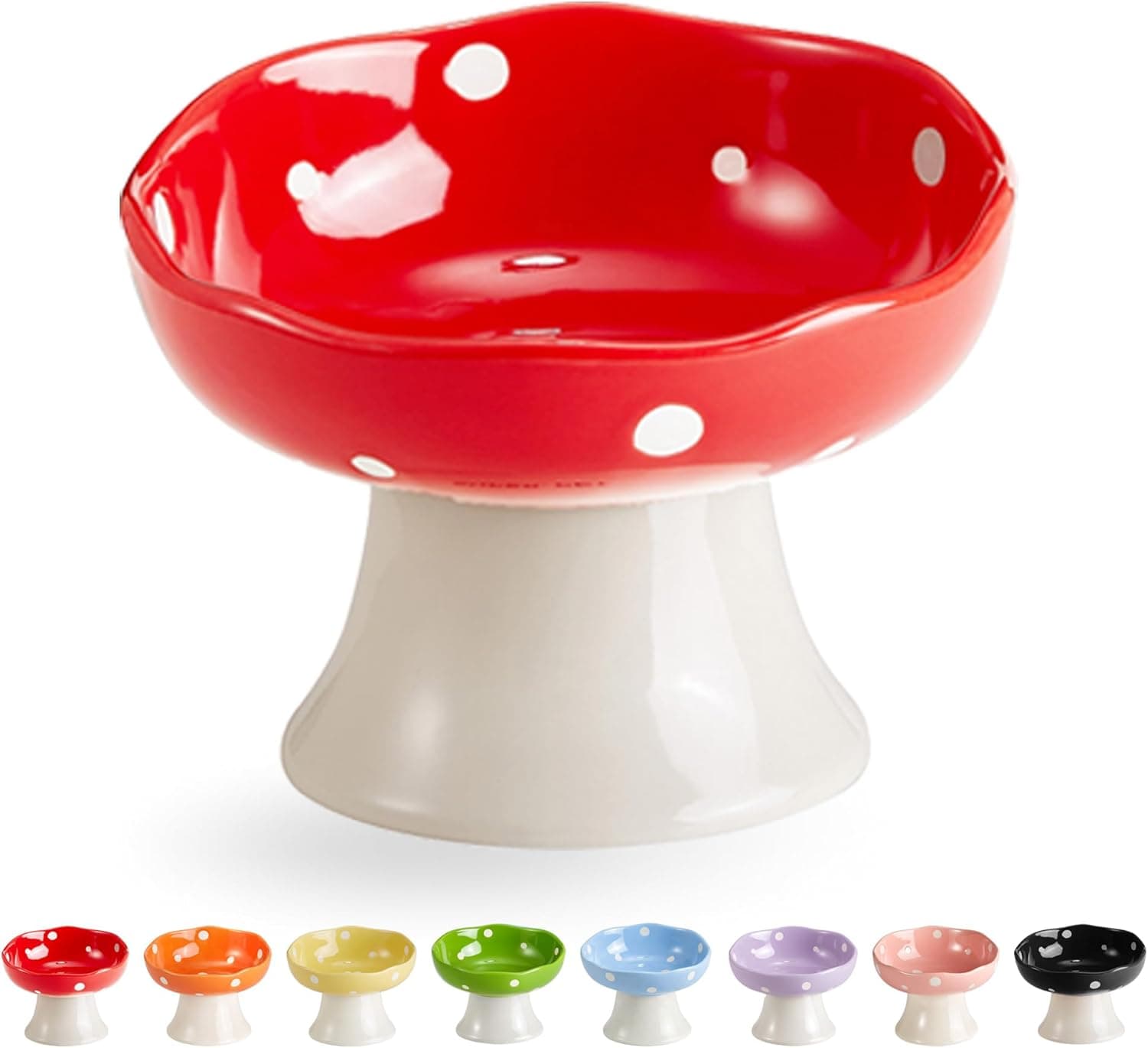 Ceramic Elevated Mushroom Cat Bowls, Tilted Raised Pet Dish Anti Vomit Kitten Bowl for Indoor Cats, Whisker Friendly Pet Food and Water Bowl for Kitten, Cat, Puppies, Dishwasher Safe (Red)