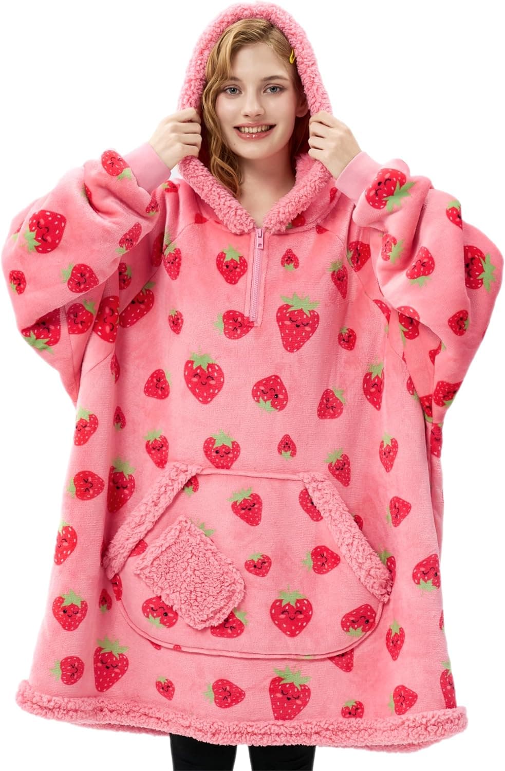 Giggling Getup Wearable Blanket Hoodie for Adults Gifts for Teen Girls Sister Women Sherpa Fleece Printed Hooded Blanket Sweatshirt Warm Cozy with Pocket & Sleeves Strawberry