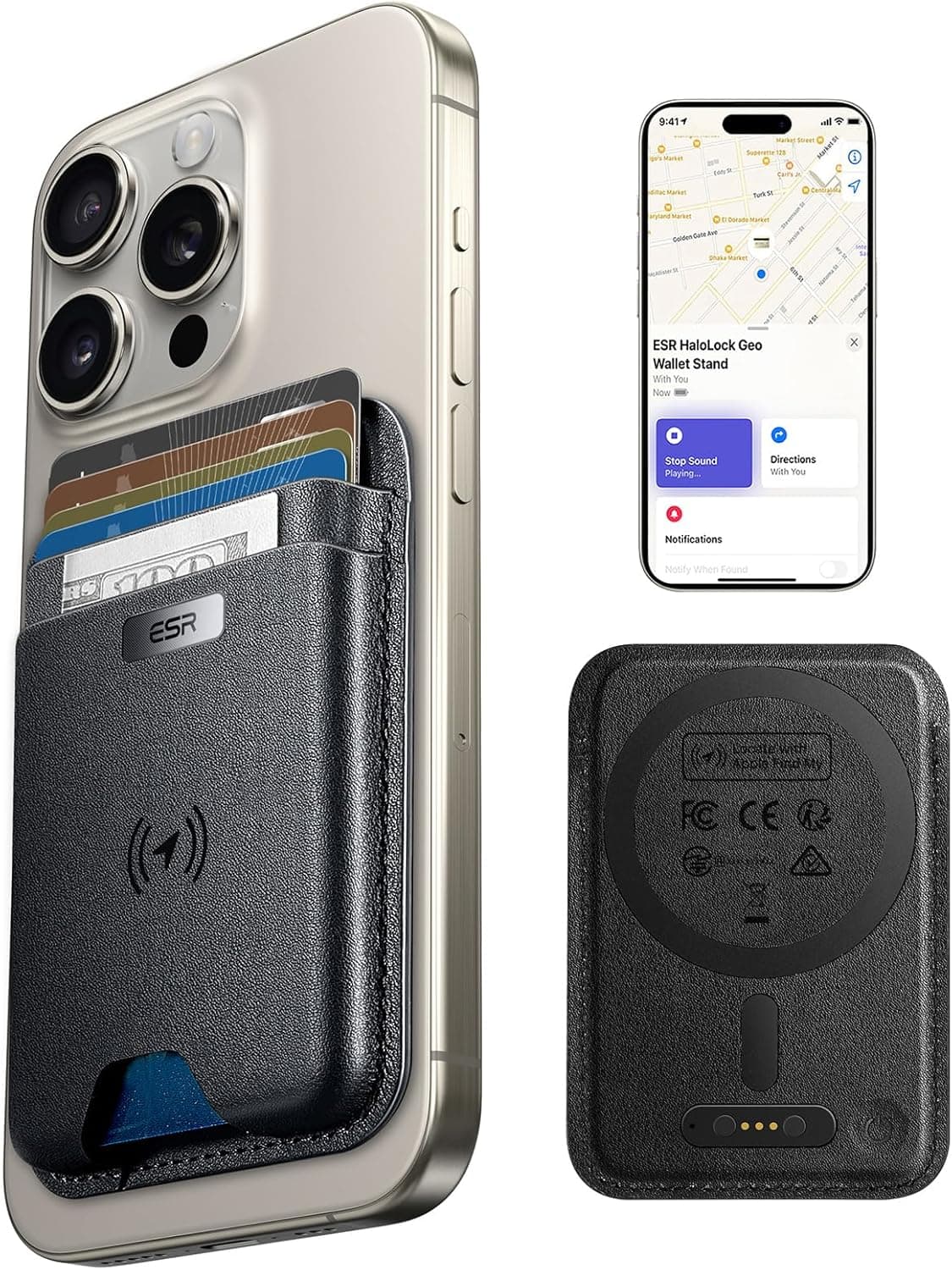 ESR Geo for MagSafe Wallet with Full Find My Functionality, RFID Blocking, 5 Cards Holder for Phone Case, Strong Magnetic Wallet for iPhone 17/16/15/14/13/12 Series, Not for 13/12 Mini, Black