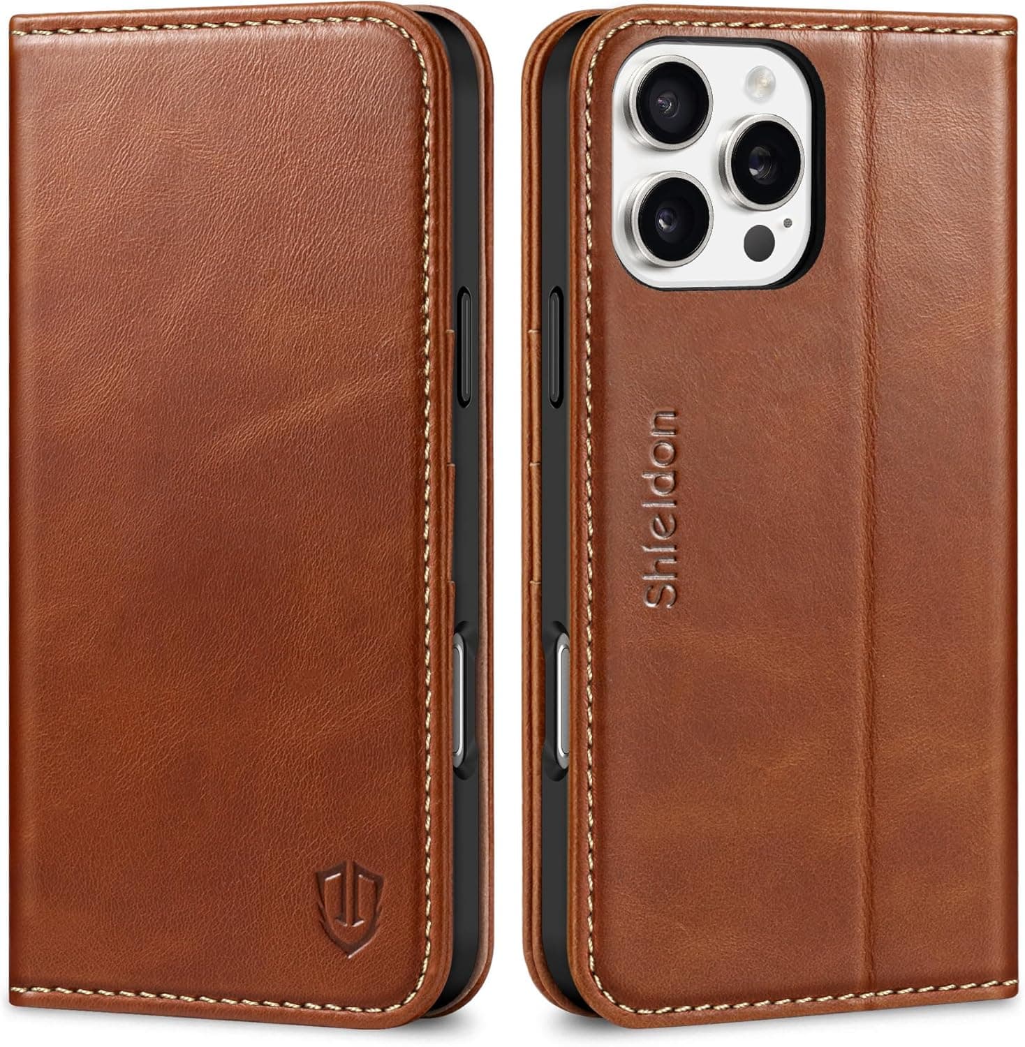 SHIELDON Case for iPhone 16 Pro Max 5G 2024, Genuine Leather Folio Wallet Magnetic Kickstand RFID Blocking Card Slots Shock-Absorbent Phone Cover Compatible with iPhone 16 Pro Max 6.9" - Retro Brown