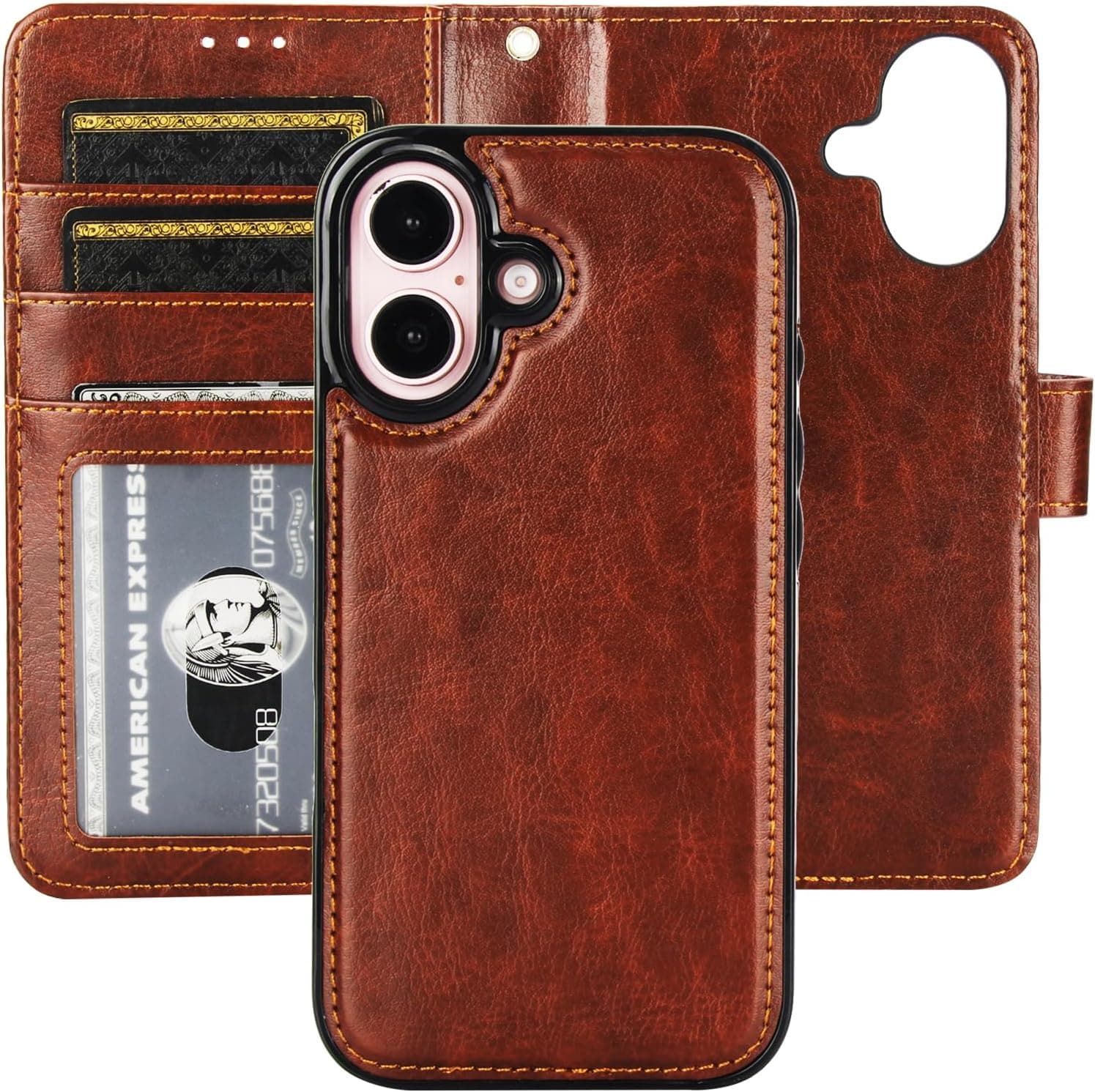 Bocasal Detachable Wallet Case for iPhone 16 RFID Blocking Card Slots Holder Premium PU Leather Magnetic Kickstand Shockproof Wrist Strap Removable Flip Protective Cover 5G 6.1 inch (Brown)