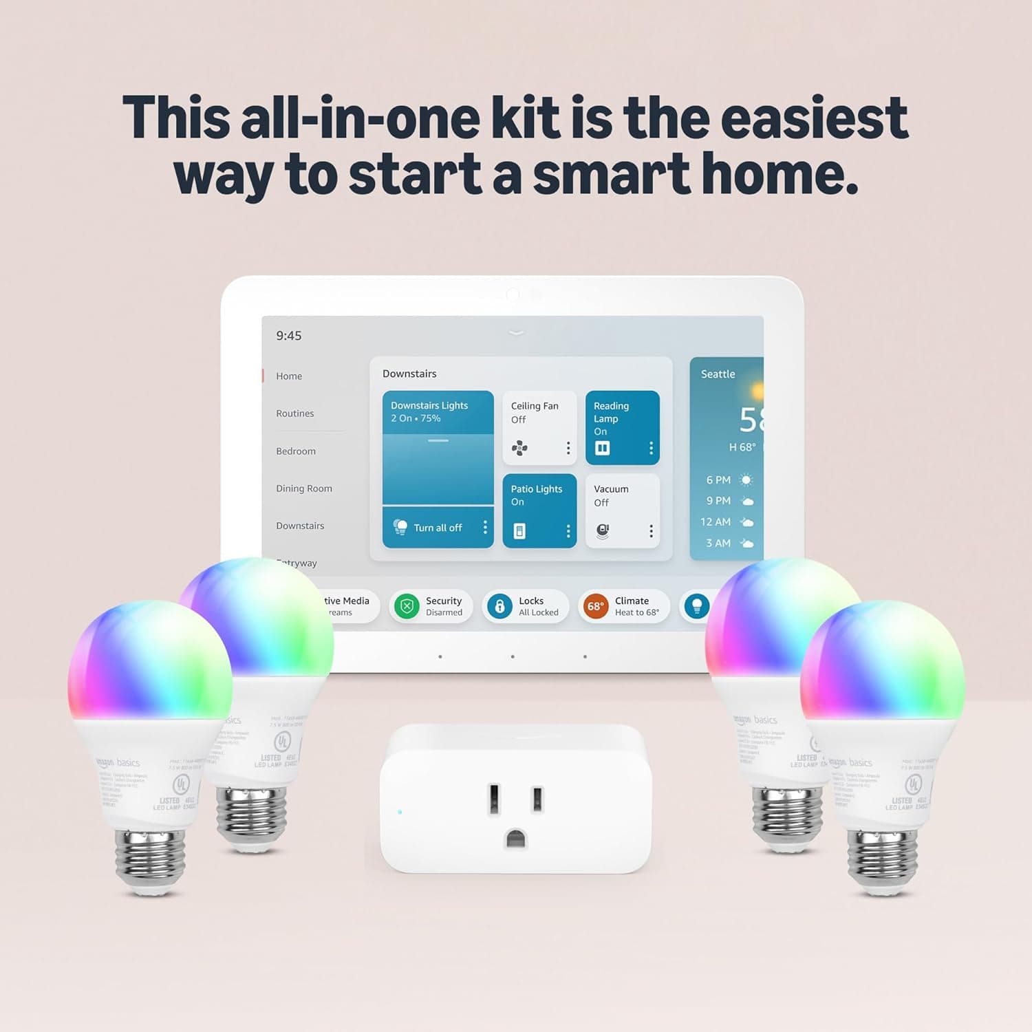 Smart Home Starter Kit | Includes Echo Hub, Amazon Smart Plug and 4 Amazon Basics Smart Bulbs, with Alexa+ Early Access