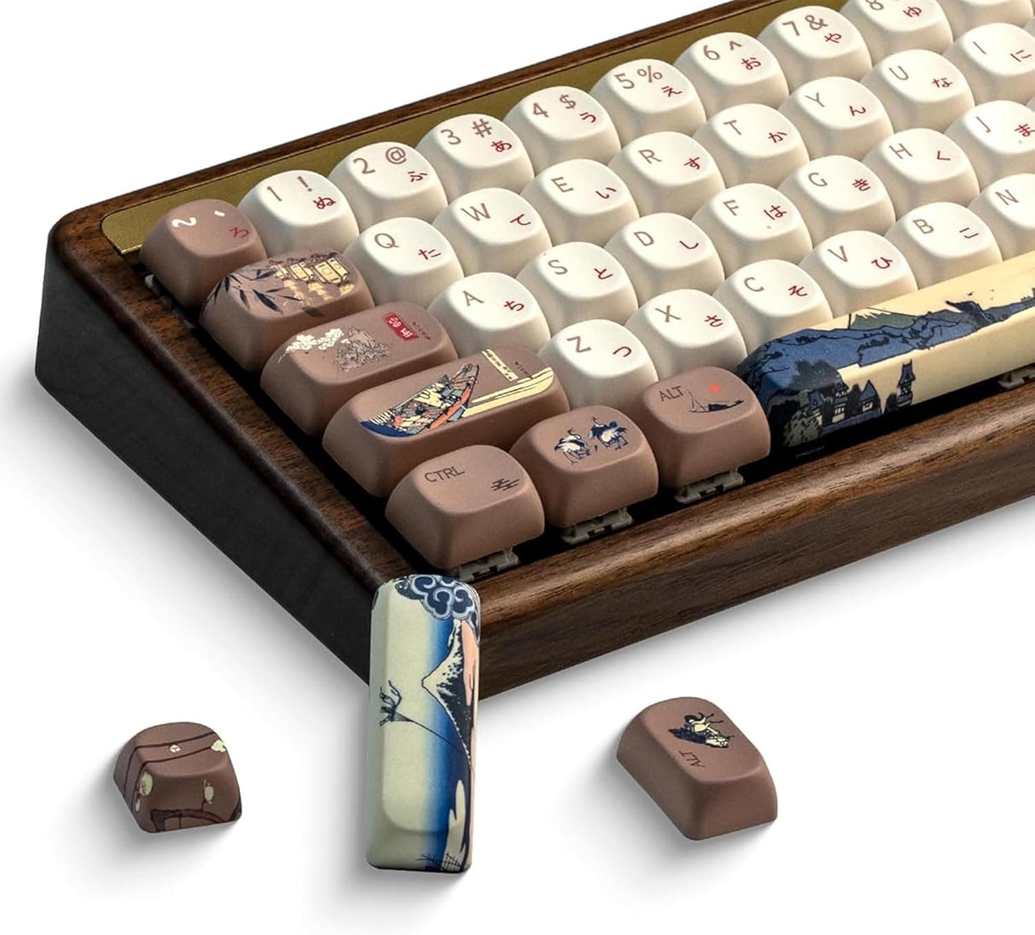 OHY XVX MOA Profile Japanese Fuji Mountain Theme PBT Keycaps Set, 140-Key Coffee & Cream Custom Keycaps for US Layout Mechanical Keyboards (Brown/Beige Design with Key Puller)