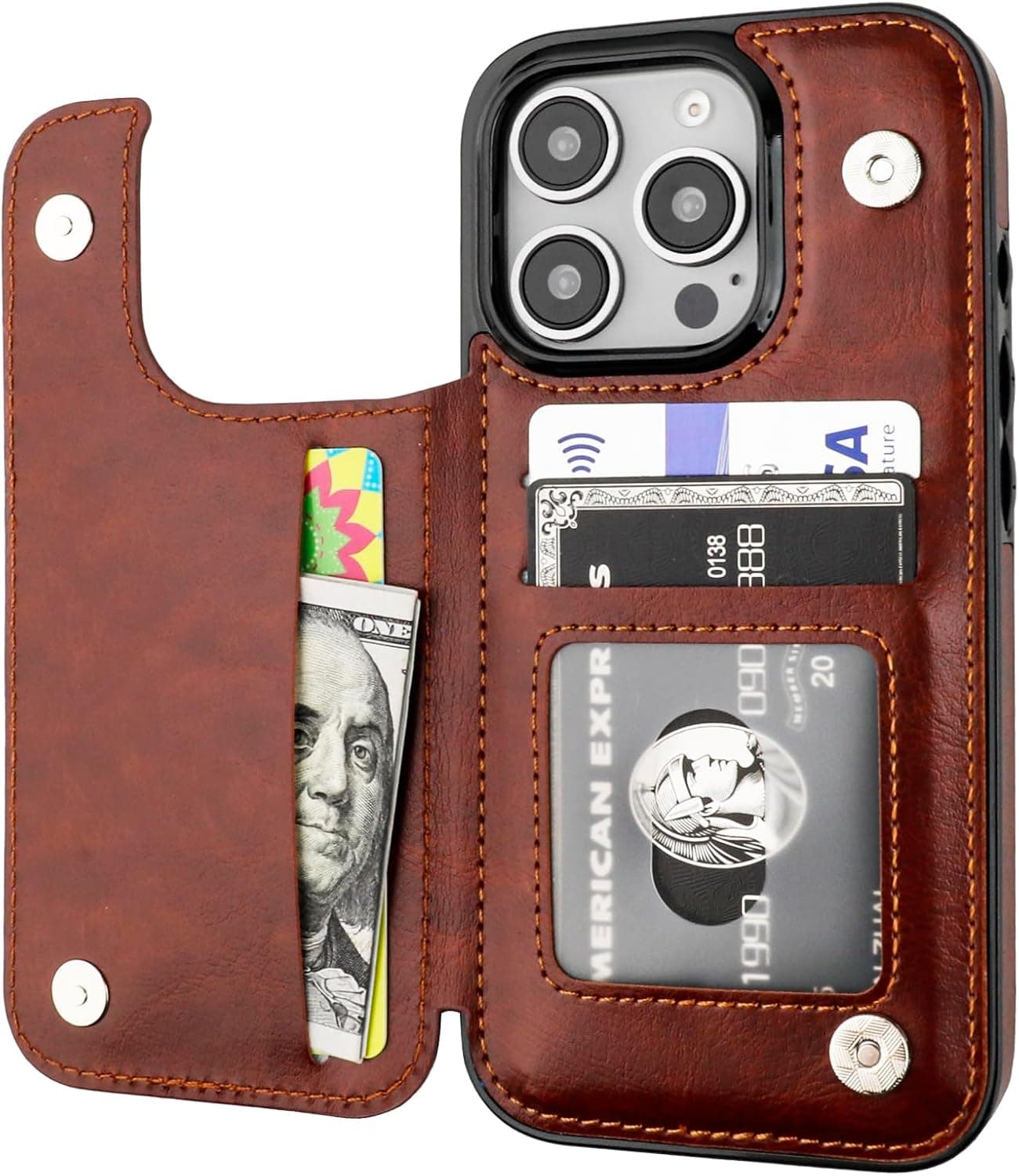 ONETOP Compatible with iPhone 16 Pro Wallet Case with Card Holder, PU Leather Kickstand Card Slots Case, Double Magnetic Clasp and Durable Shockproof Cover 6.3 Inch (Brown)