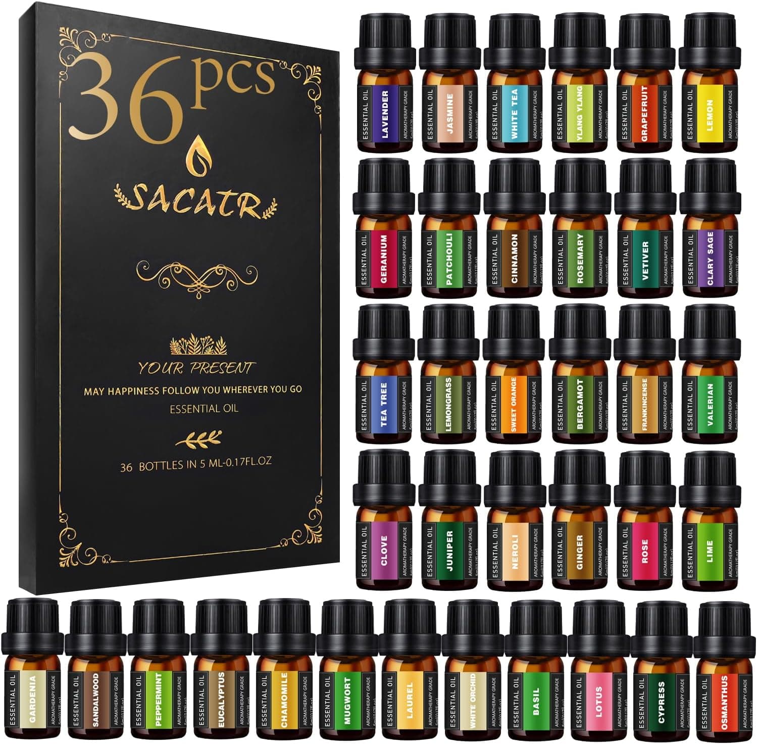 SACATR Essential Oils Set - Perfect for Massage,Diffuser, Humidifier, DIY Candle and Soap Making（36x5 ML）