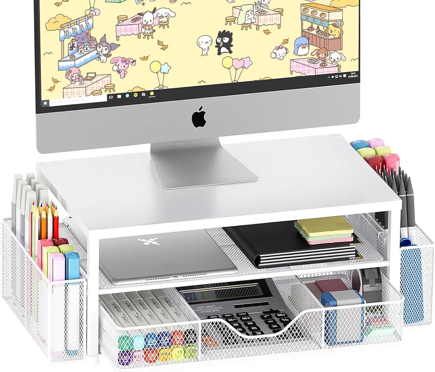 OPNICE Desk Organizers and Accessories, 2-Tier Computer Monitor Stand Riser with Drawer and 2 Pen Holders, Laptop Stand, Office Desk Accessories for Office Supplies, White