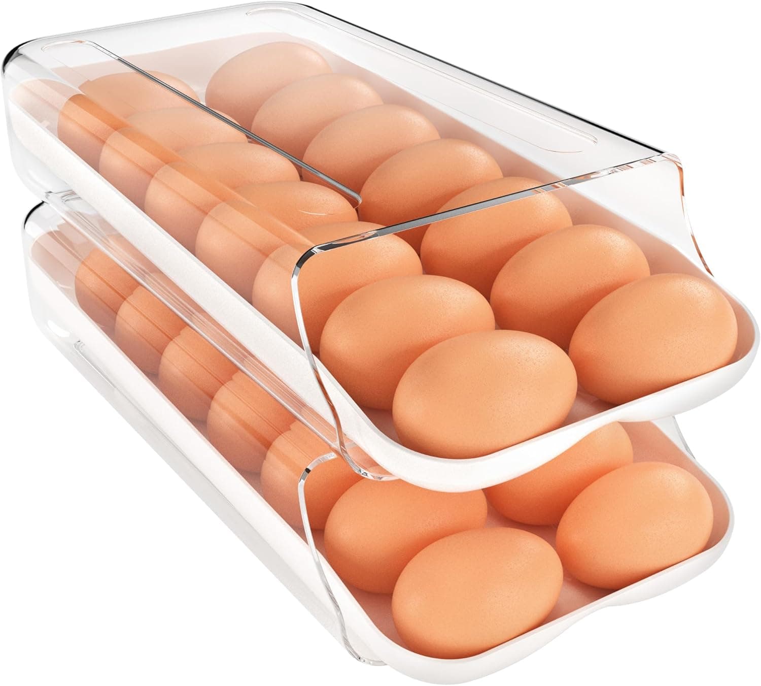 theaoo Egg Holder for Fridge, Automatic Rolling Egg Container for Refrigerator, Clear Plastic Egg Dispenser, Stackable Eggs Organizer with Quick Removable inner Tray For Organizers and Storage, 2 Pack