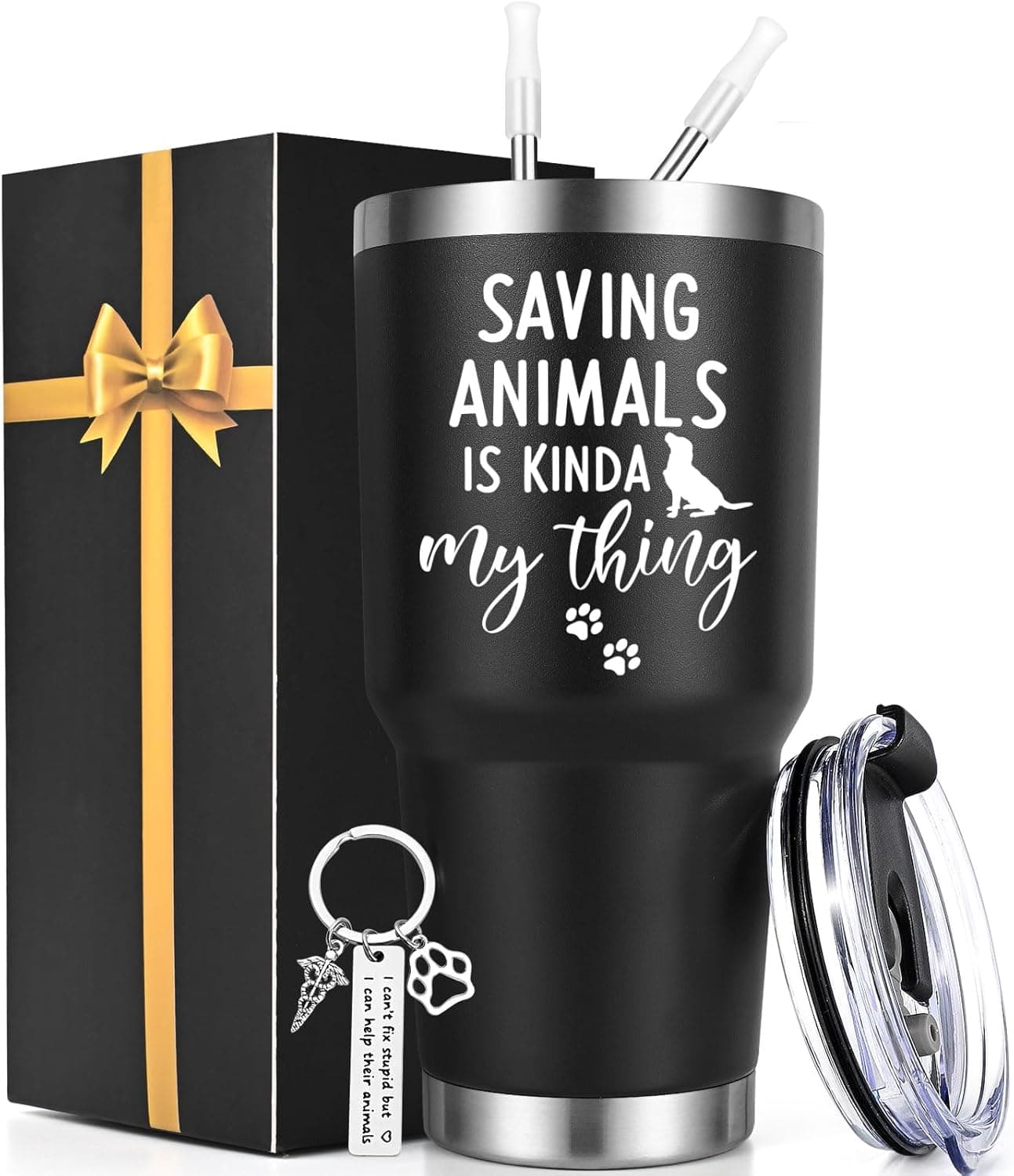 Lifecapido Vet Tech Gifts, Veterinarian Gift, Saving Animals Is Kinda My Thing 30oz Tumbler with Veterinarian Keychain, Vet Tech Week Gifts for Veterinarian Technologists, Black
