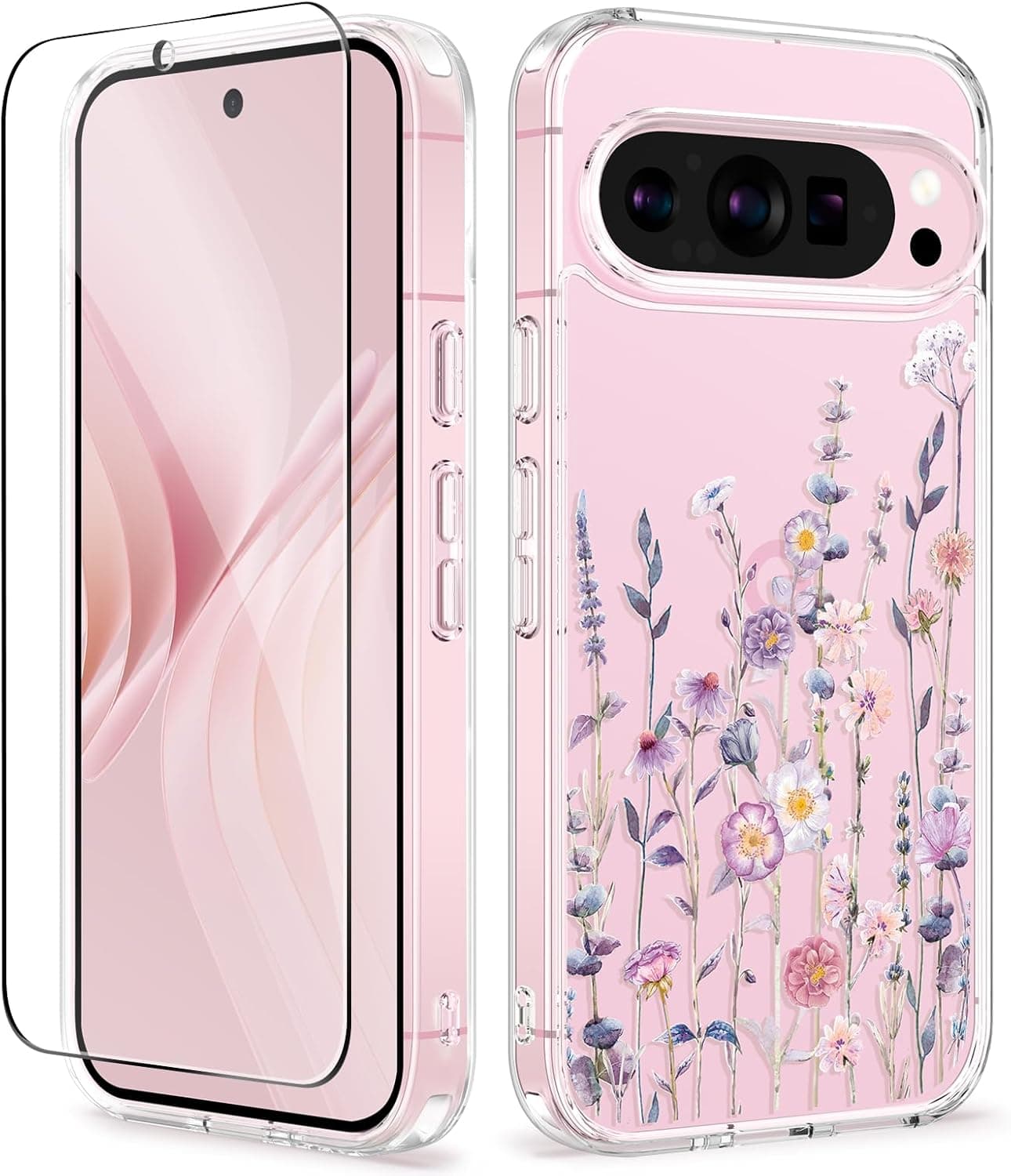 GVIEWIN for Google Pixel 9 Case/Pixel 9 Pro Case, [Screen Protector] [Military Grade Protection] Clear Floral Slim Shockproof Protective Women Phone Case Cover for Pixel 9 (Floratopia/Colorful)